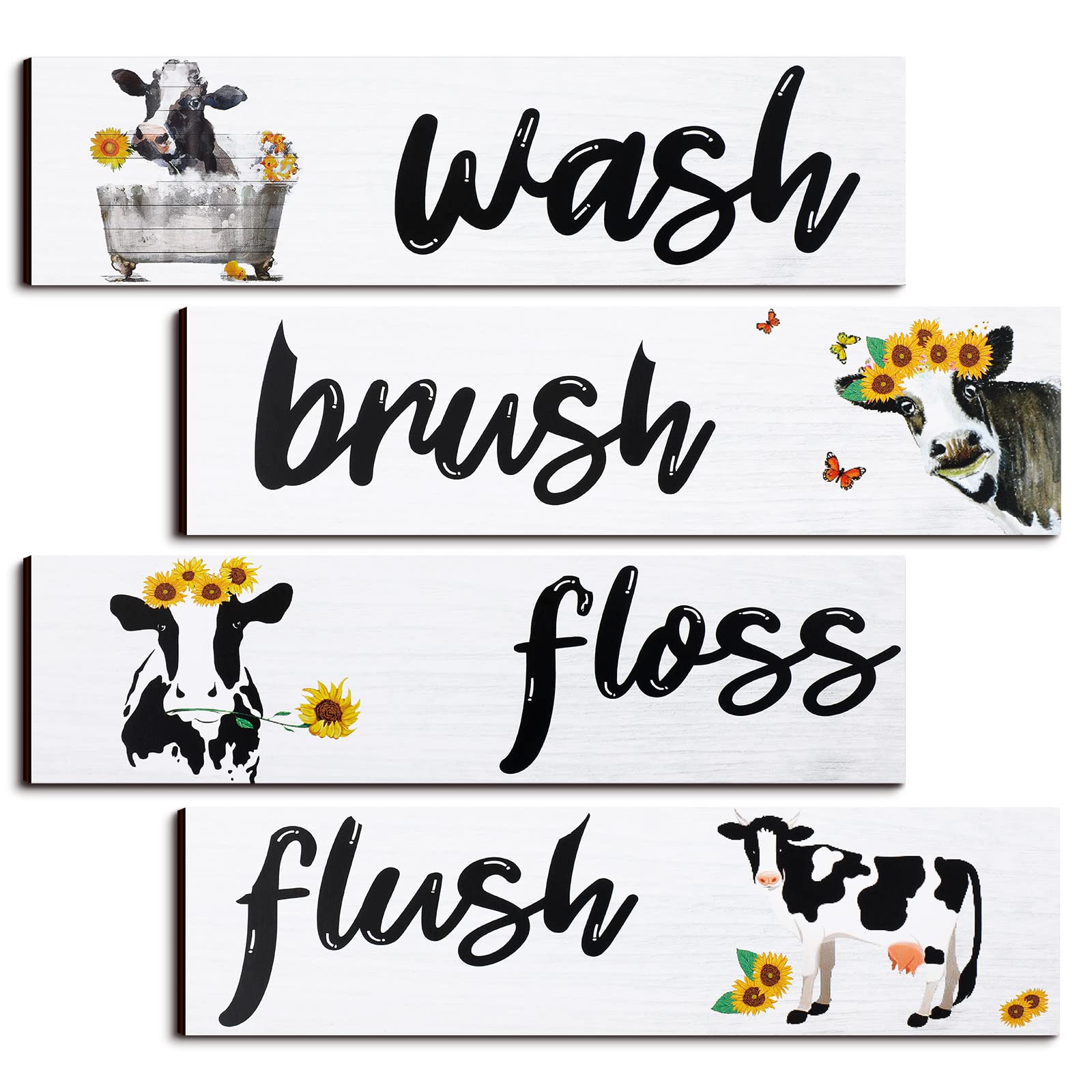 Buy 4 Pieces Cow Bathroom Wall Decors Wash Brush Floss Flush Sunflowers
