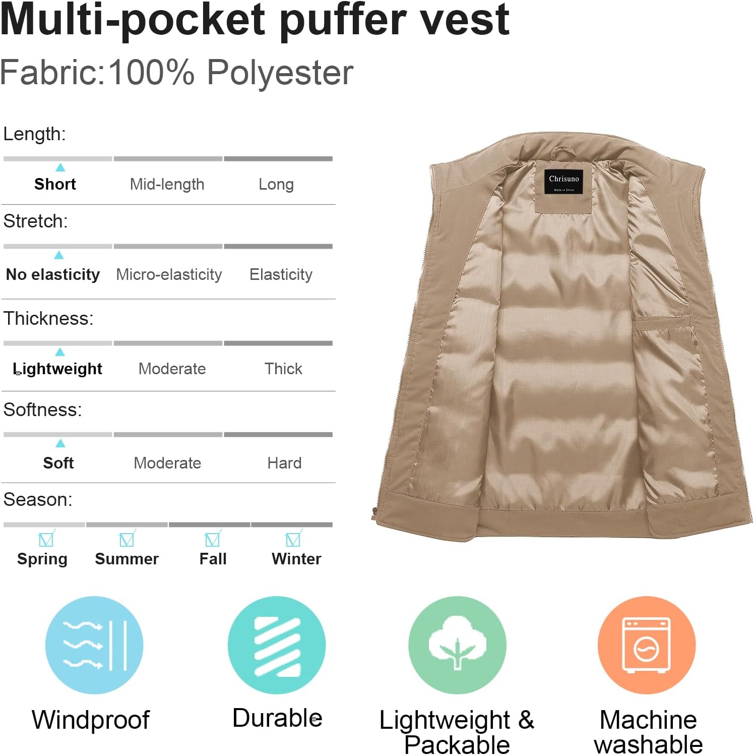 Chrisuno Men's Puffer Vest Casual Stand Collar Quilted Waistcoat Outdoor Padded Ski Vest - Image 3