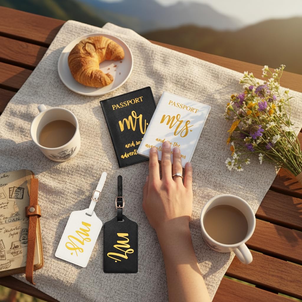 Mr & Mrs Luggage Tags and Passport Holder Set – Wedding Gift for Couples, Honeymoon Travel Accessories, Passport Covers with Luggage Tags for Bride and Groom (Style1) - Image 6