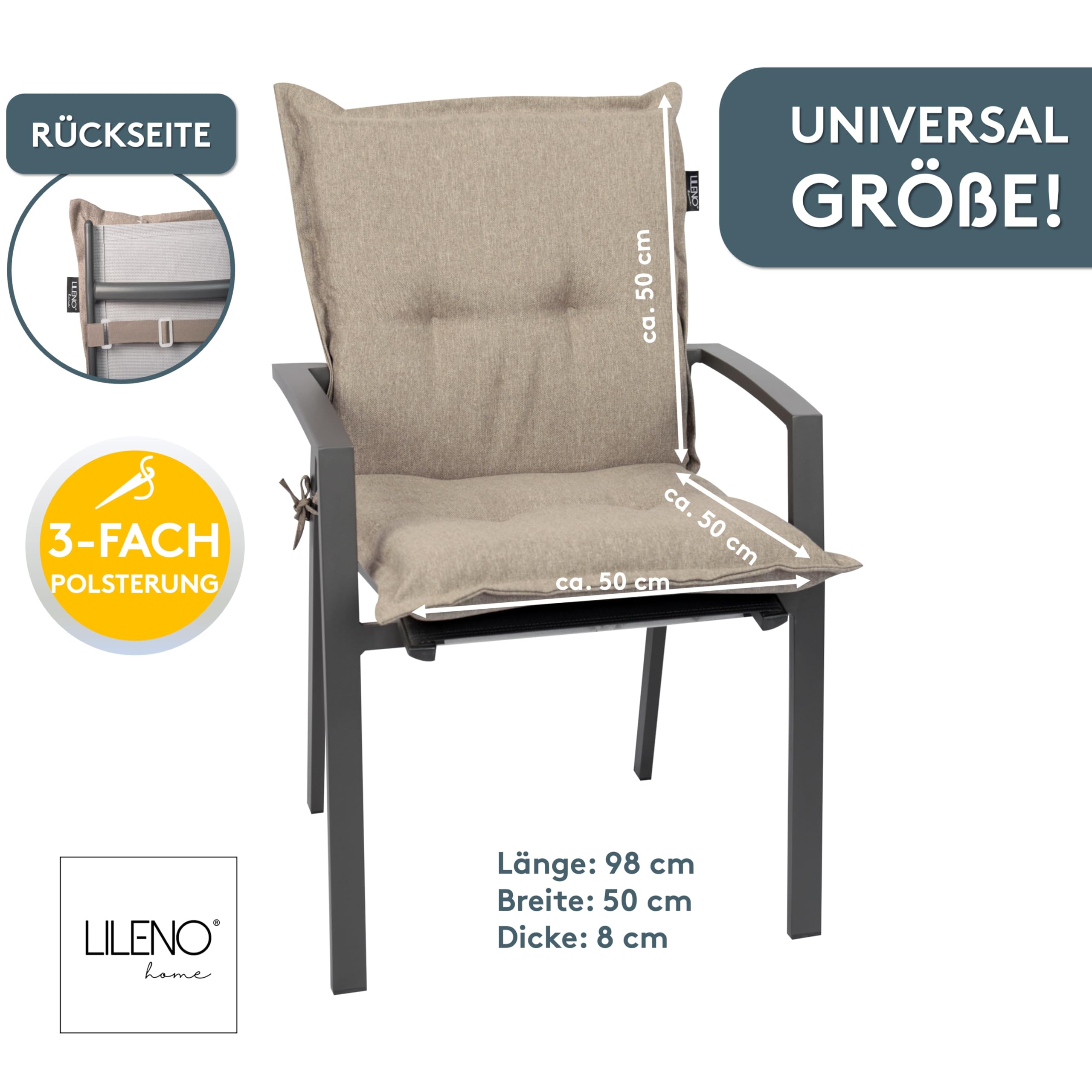 LILENO HOME Gartenstuhl Auflagen als [2er Set - Niedriglehner] in Taupe Y - Bequeme Liegen als Sitzauflagen für Gartenmöbel - Stuhlkissen für Gartenstühle und Klappstühle MAR