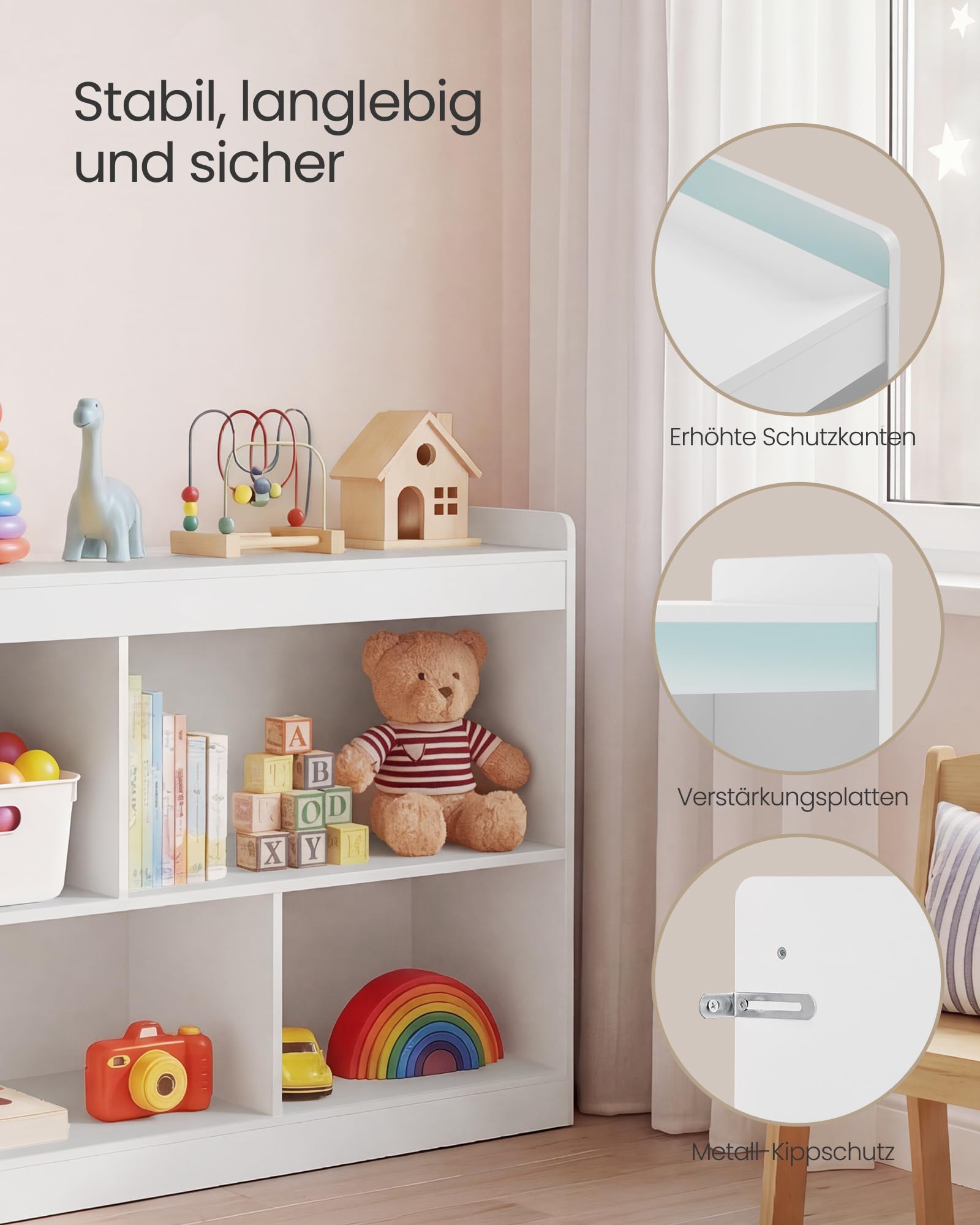 SONGMICS Custos Kollektion - Kinderregal, Spielzeug Aufbewahrung, Spielzeugregal, Bücherregal Kinder, Montessori Regal, 5 offene Fächer, Kinderzimmer, 30 x 112,2 x 65 cm, wolkenweiß GKR052WZ01