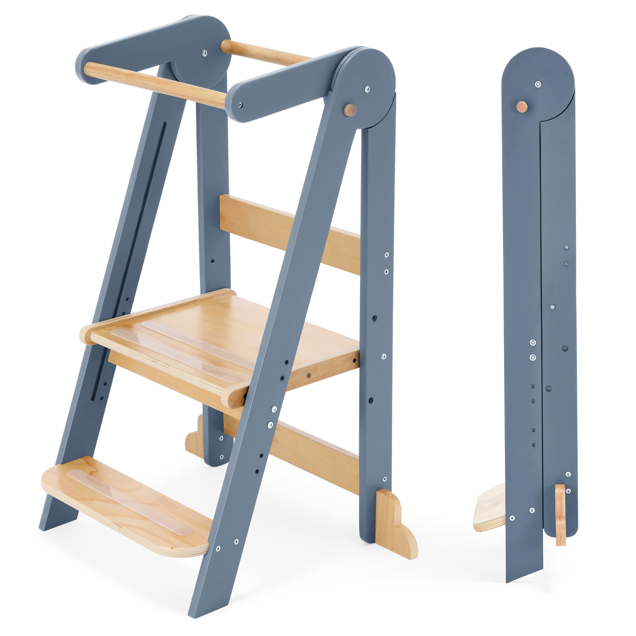 HARPPA Nordi Foldable Toddler Kitchen Tower, Montessori Kitchen Learning Helper, Standing Tower with 3 Adjustable Heights, Suitable Age for 18-48 Months, Grey