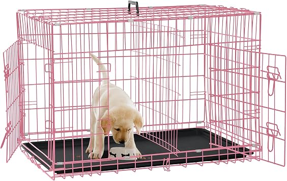 Dog Crate for Large Medium Small Dogs, Folding Dog Kennel Cage with Plastic Tray & Divider 48"/42"/ 36"/ 30"/ 24" Indoor Outdoor Metal Double Door Heavy Duty Dog Pen Enclosure, Pink24 Inch