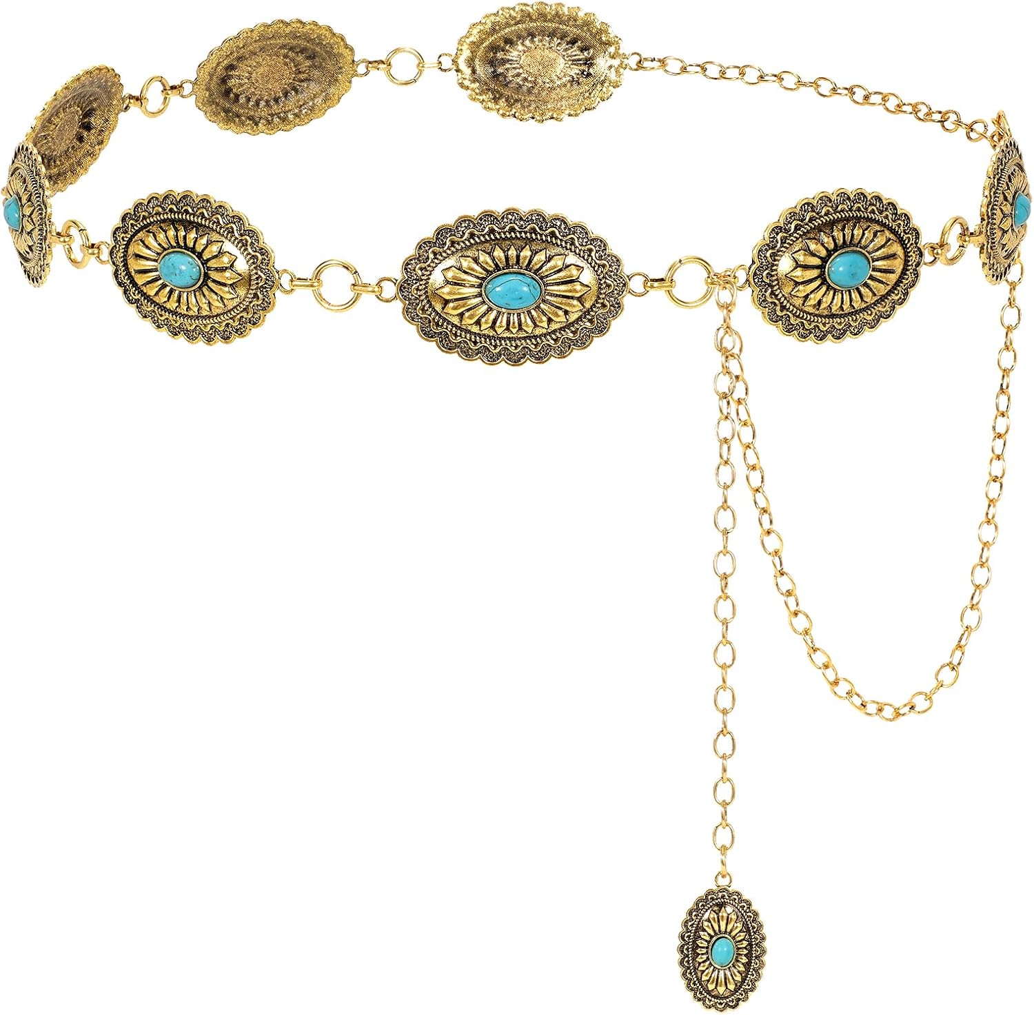 LEACOOLKEY Women Turquoise Concho Chain Waist Belt Silver Western Cowgirl Metal Chain Belt for Dress Adjustable