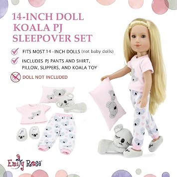 Emily Rose 14 Inch Doll Clothes - 5PC Koala Pajama PJ Sleepover Set with Slippers & Toy | USA Brand | PJs Compatible with Glitter Girls & Wellie Wishers 14.5 Dolls