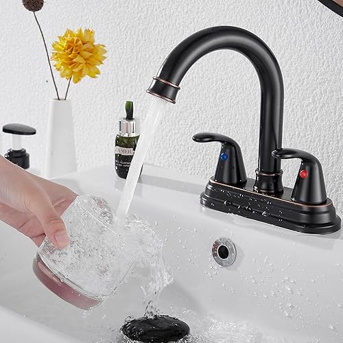 Miniatura 8 de GGStudy - Grifo de baño de bronce aceitado con 2 manijas de 4 pulgadas, juego central de bronce para autocaravana, grifo de tocador con montaje de