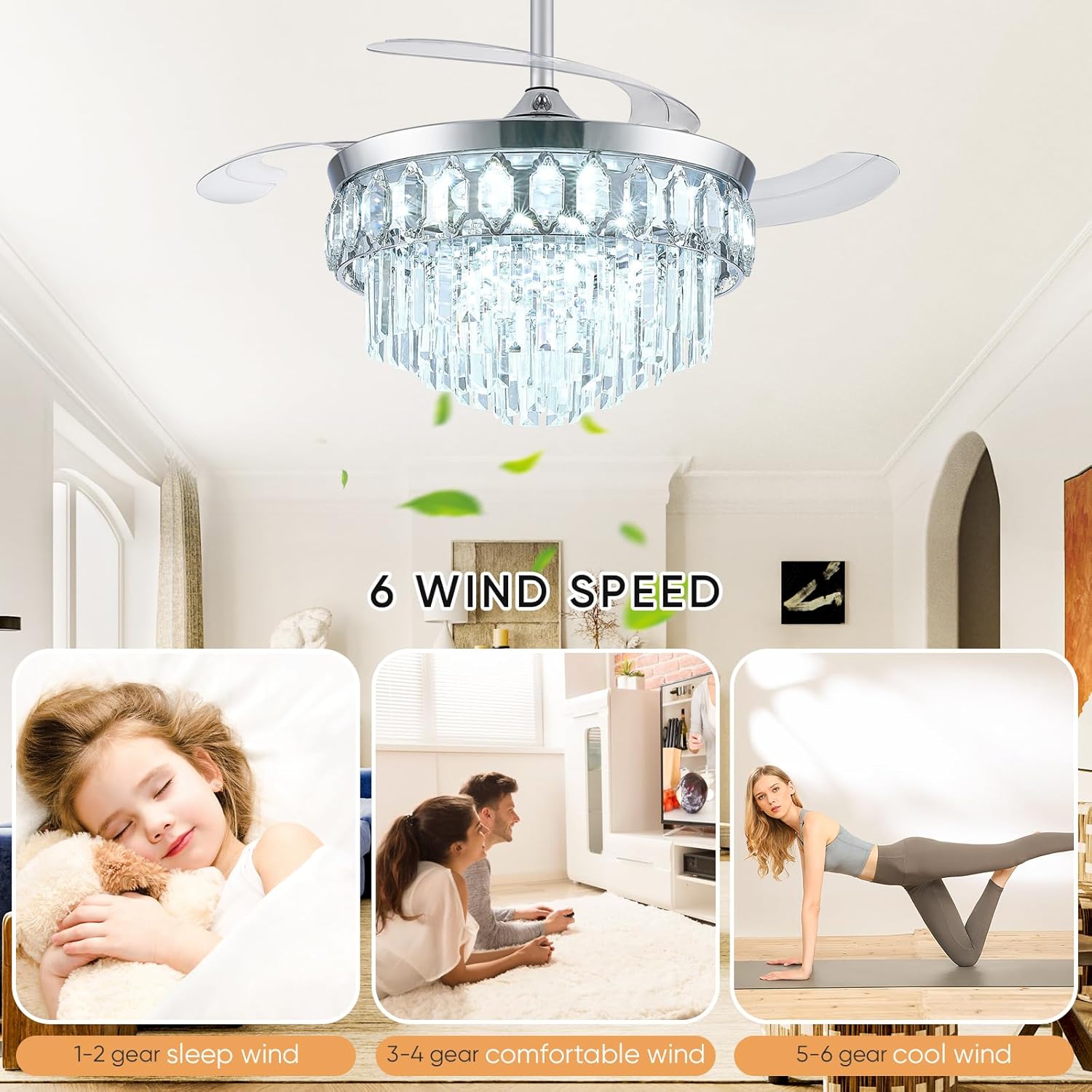 42 Inch Fandelier Ceiling Fan with Light, Retractable Ceiling Fan with Lights Chandelier Fan for Bedroom, Living Room, 3 Color Temperature, 6 Wind Speed-Chrome