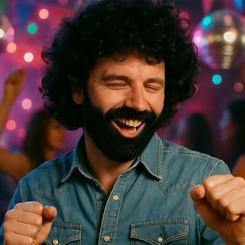 2 Pcs Curly Wig Set - Men's Wig & Beard Combo, Realistic Black Mens Afro Wig, Retro 60s/70s/80s Disco Pop Hippy Rock Costume, Funky Afro Wig, Synthetic Material