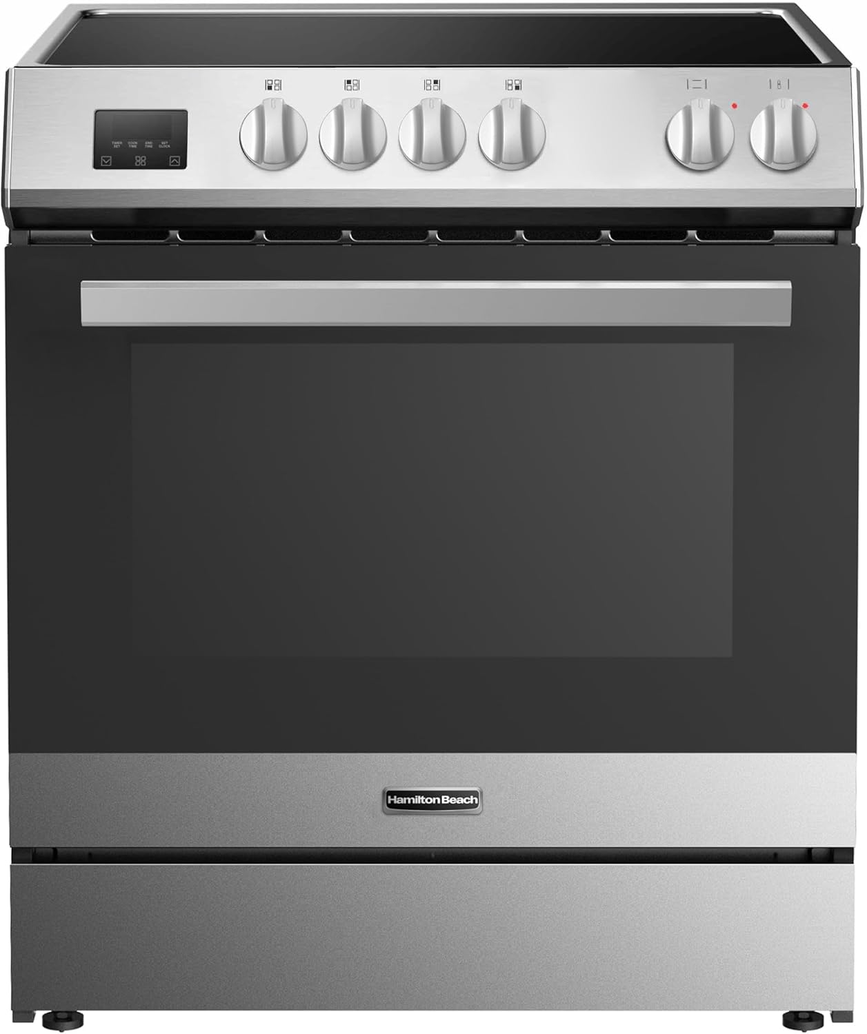 Hamilton Beach 30” Electric Oven with Induction Range, 4 Cooktop Burners, Heavy-Duty Metal Knobs, and Stainless Steel Cooking Racks