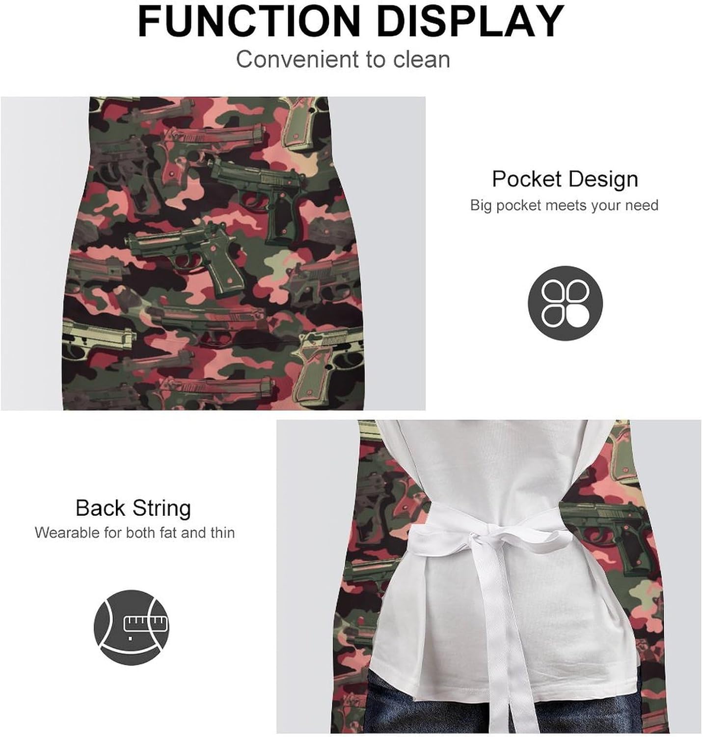 Camouflage Gun1 Funny Apron Chef Aprons with Pockets for Gardening Cooking Kitchen