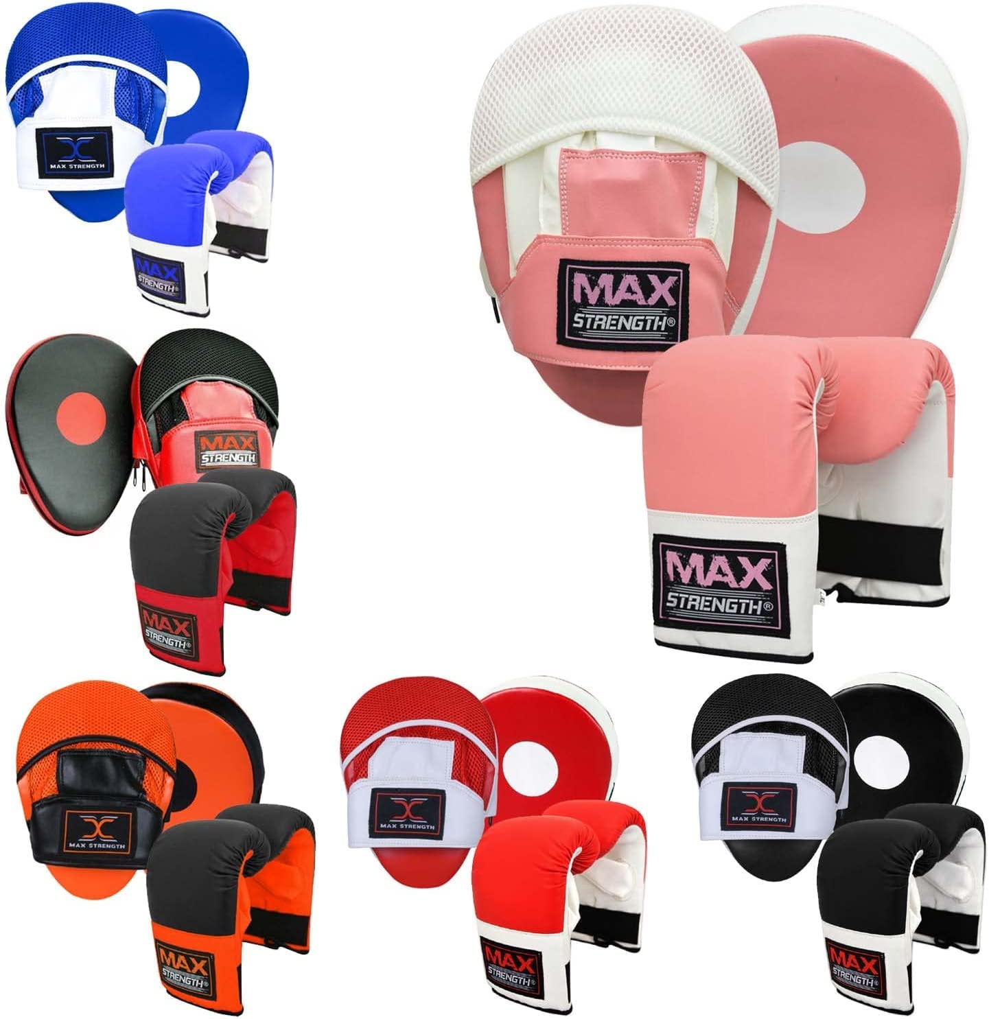 MAXSTRENGTH Boxing Gloves and Pads Set, Hook and Jab Curved Focus Mitts for MMA, Muay Thai, Kickboxing Coaching, Martial Arts, Punching Hand Target Strike Shield (L/XL, Pink/White)