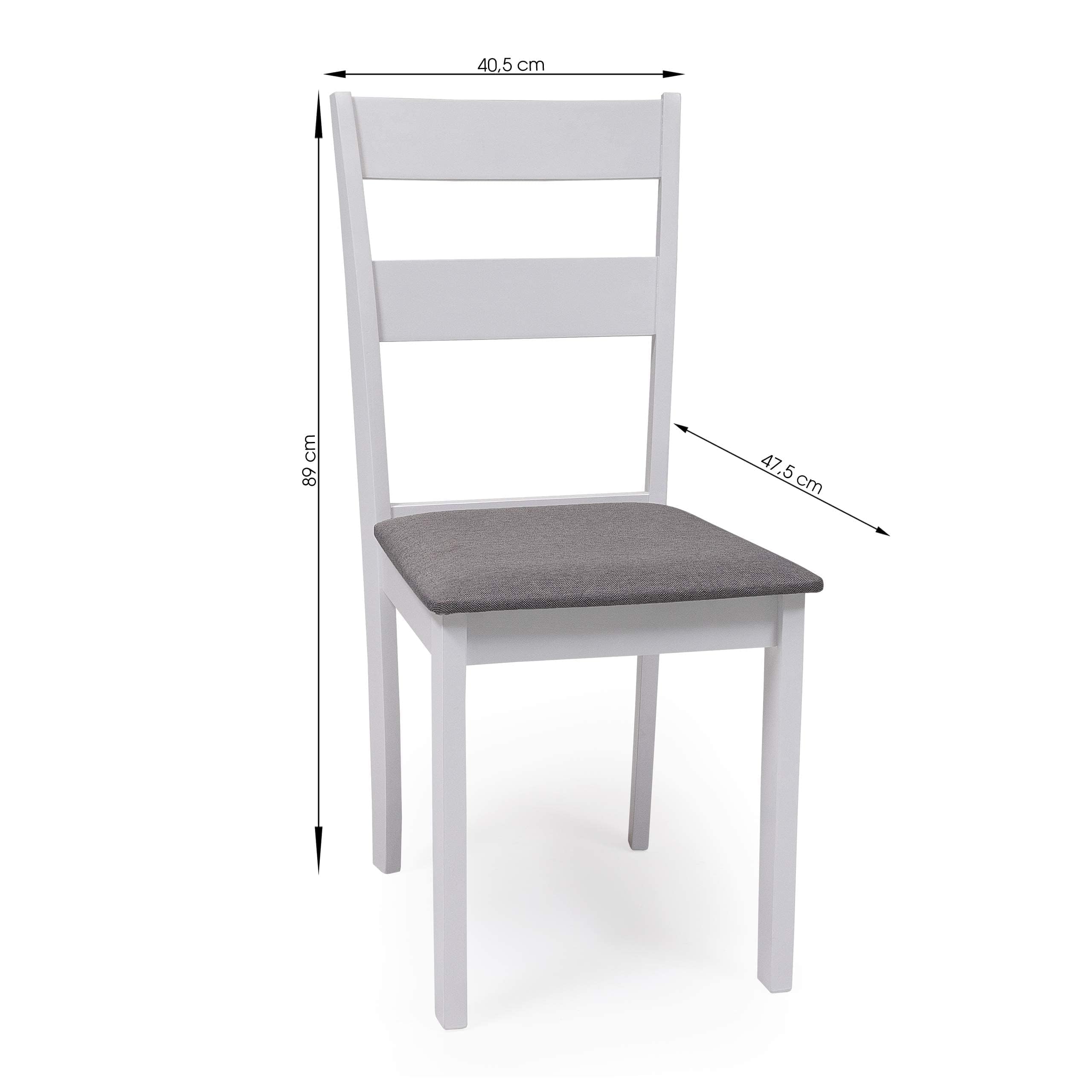 Homely - Conjunto de Comedor Kansas & Dallas White Mesa de Comedor de Madera lacada en Blanco de 112x72 cm y 4 sillas de Comedor de Madera lacadas en Blanco y Asiento tapizado de Tela Gris