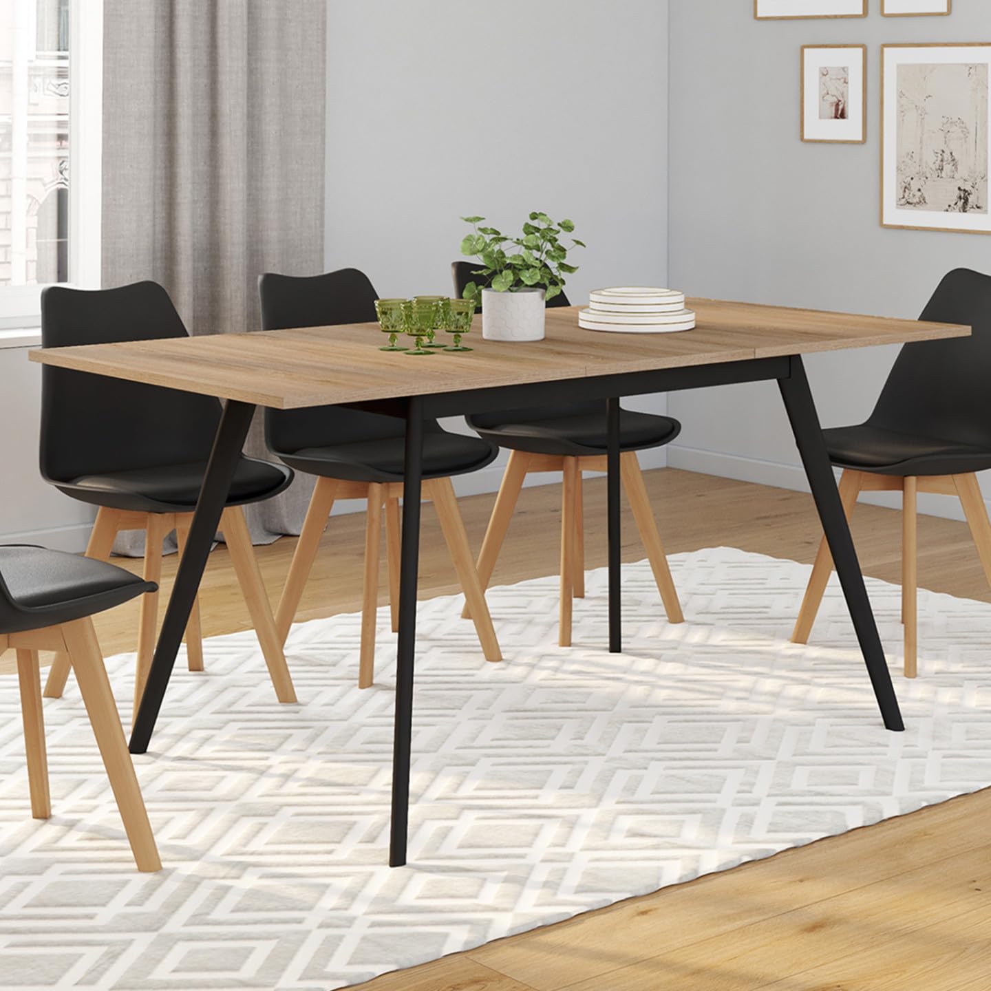 IDMarket – Mesa escandinava extensible rectangular Inga 4-8 personas, bandeja madera, patas negras, 120-160 cm