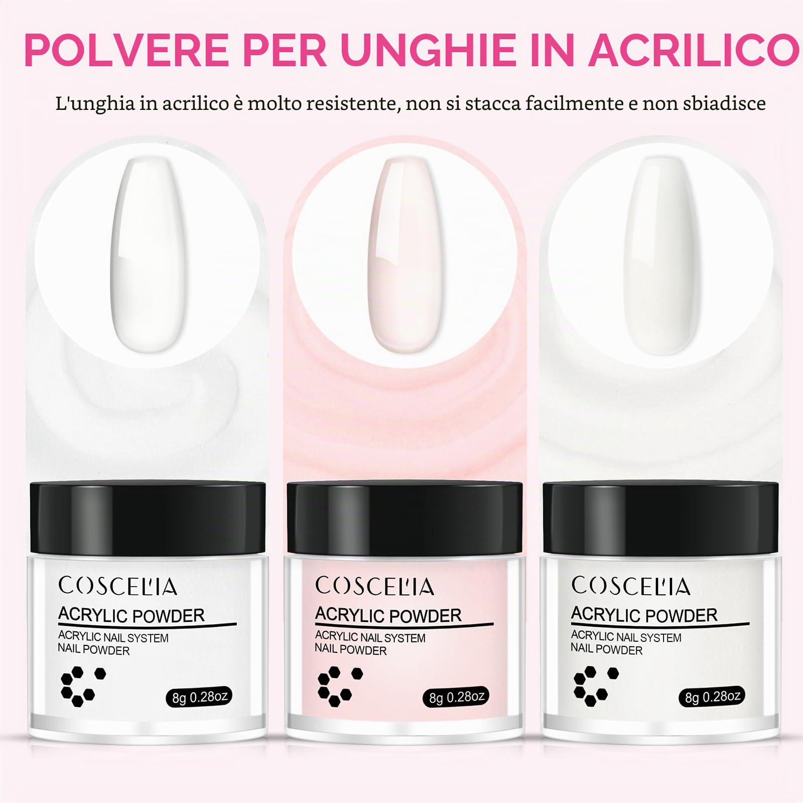 COSCELIA Kit Semipermanente Unghie 3 * 8g Starter Kit Semipermanente Bianco Rosa Trasparente 30ml Monomero Set di Estensione Unghie Regali per Principianti