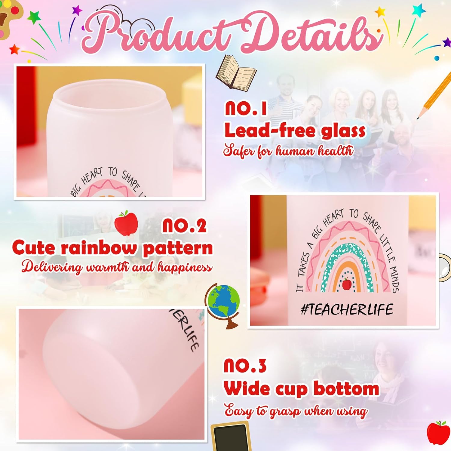 Honeydak 2 Sets Valentines Day Teacher Glass Cups Appreciation Gifts Tumbler with Lid and Straw, 16 oz It Takes a Big Heart to Shape Little Minds Coffee Mug End of Year Thank You Gifts for Teachers - Image 5