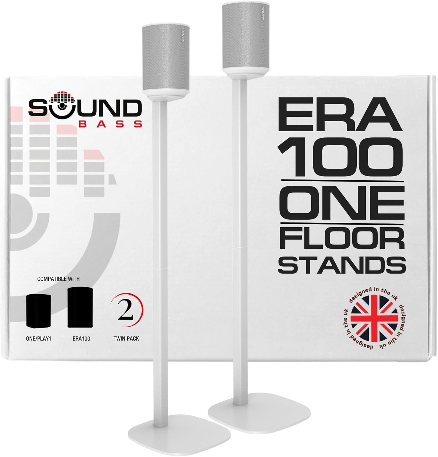 Sound Bass ERA100 Floor Stand, Twin (2pcs), Compatible with Sonos ERA 100, Sonos One or Play 1 Speakers, Accessories Included. Designed in The UK, Double, Pair (White)
