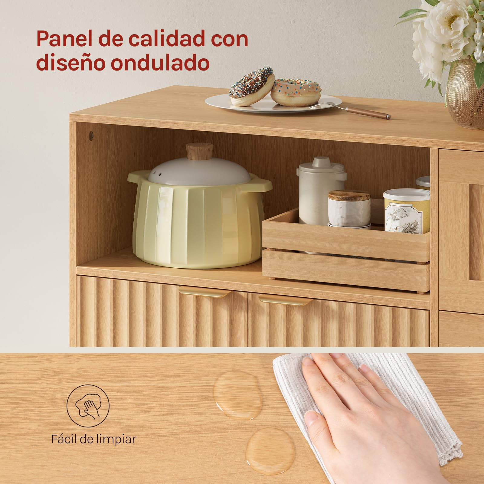 WOLTU Aparador, Mueble Cocina con 3 Cajones, 2 Puertas, Buffet Auxiliar de Cocina con Estante Ajustable, Compartimento Abierto, para Salón, Cocina y Comedor, 90x35x80 cm, Efecto de Madera