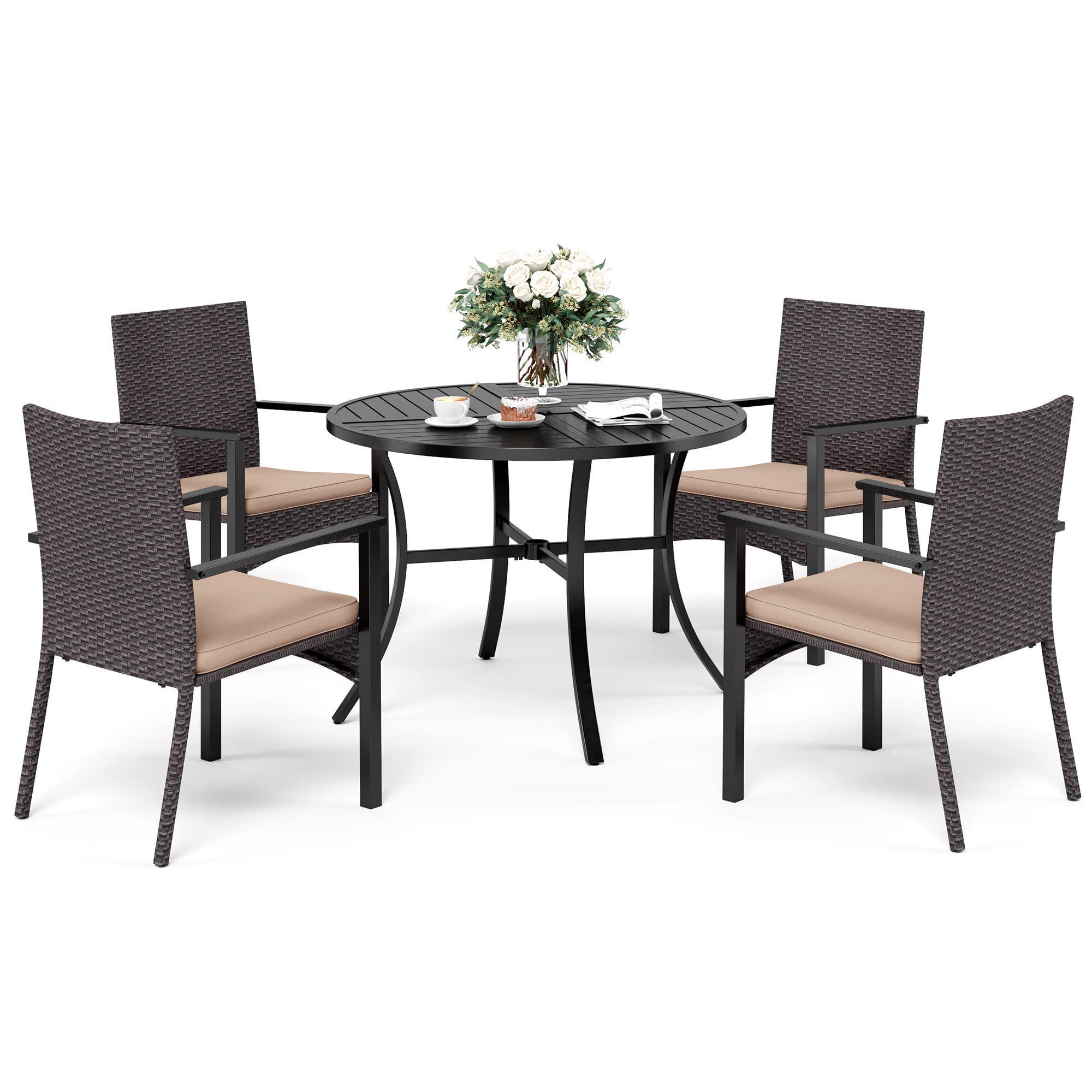5 Piece Patio Dining Set for 4, Outdoor Table and Chairs Furniture Set with Metal Round Table(1.57-1.9" Umbrella Hole)& 4 Wicker Patio Chair with Cushion for Deck, Lawn, Backyard