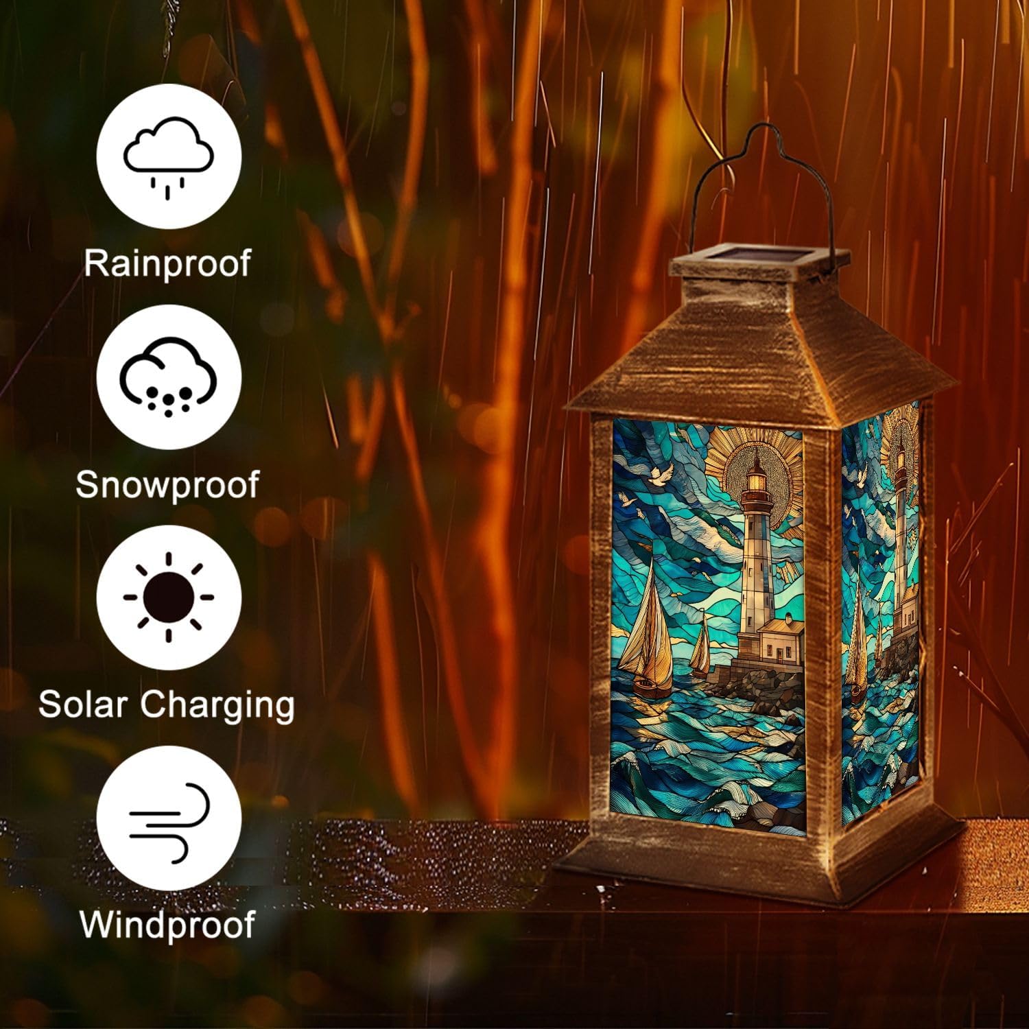 Solar Lantern Stained Glass Lighthouse Sailing Boats Vibrant Ocean Waves Landscape Outdoor Waterproof Hanging Solar Light Outside Lights for Patio Yard House Lawn Decor Birthday Gifts for Women Mom