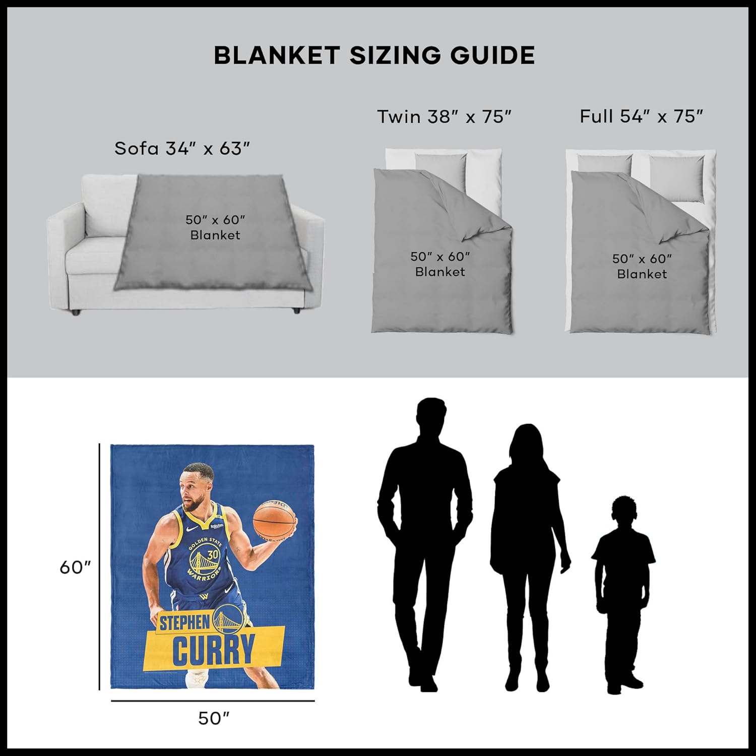 Northwest NBA Golden State Warriors Stephen Curry Silk Touch Throw Blanket, Sofa Bedroom Home Decor for Teen Boys Girls Adults Sports Lovers, 50 x 60 inches