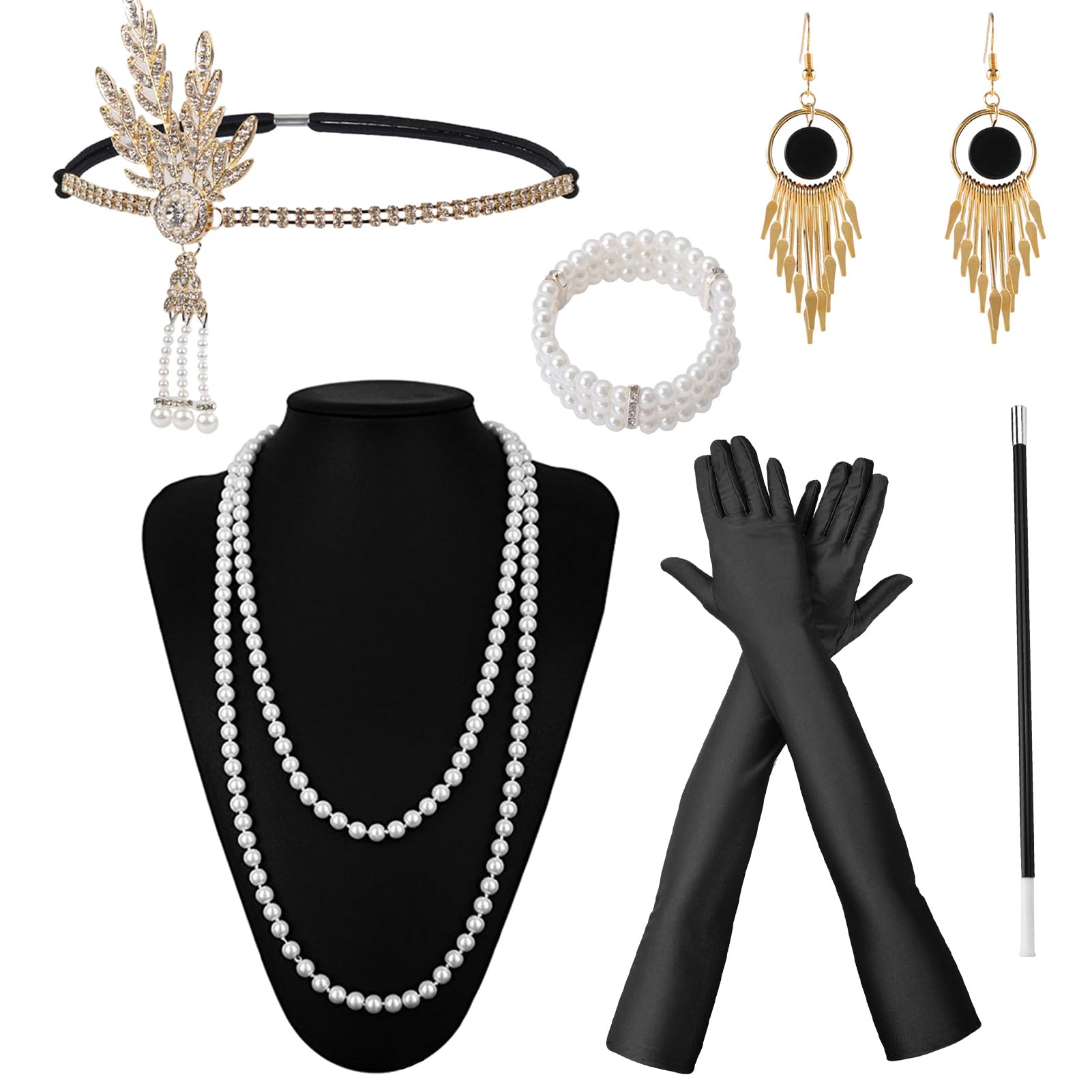 Forfamy1920s Set de Accesorios Disfraz, 9 Piezas Disfraz Años 20 Mujer Accesorios, Diadema, Guantes, Perlas Pulsera, Collar, Pendientes para Carnaval Cosplay