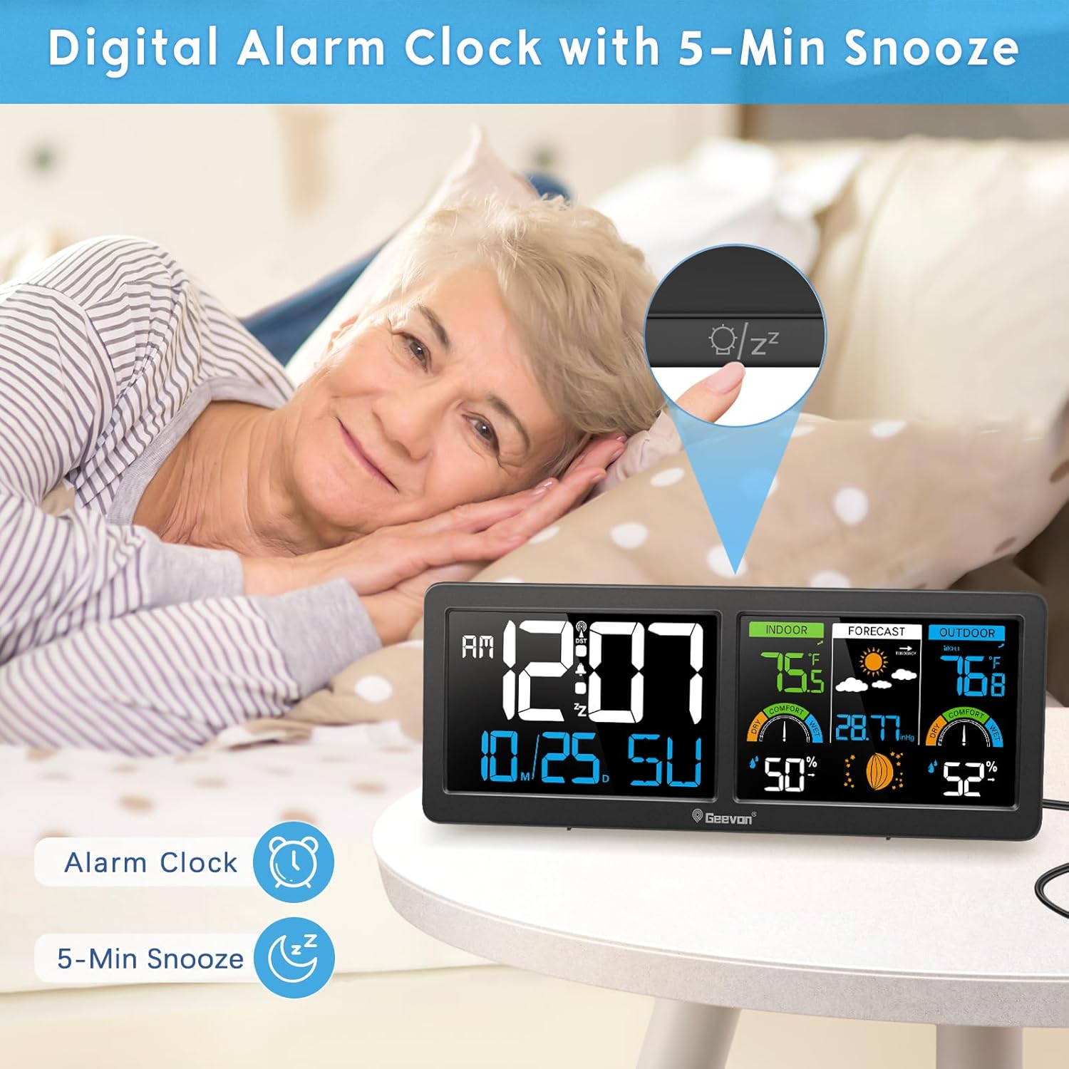 Geevon Weather Stations Wireless Indoor Outdoor Thermometer with Atomic Clock, HD Color Display Digital Temperature Humidity Monitor with Barometer, Comfort Indicator, and Adjustable Backlight