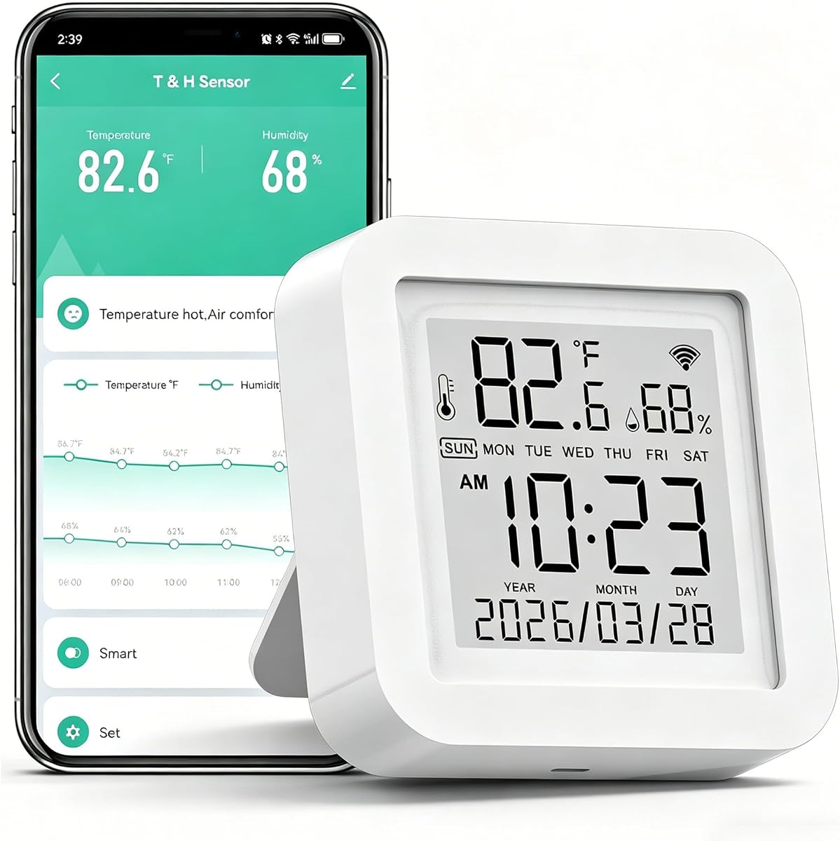 Smart WiFi Temperature Humidity Monitor: TUYA Wireless Temperature Humidity Sensor with APP Notification Alerts, WiFi Thermometer Hygrometer for Home Pet Garage,Compatible with Alexa