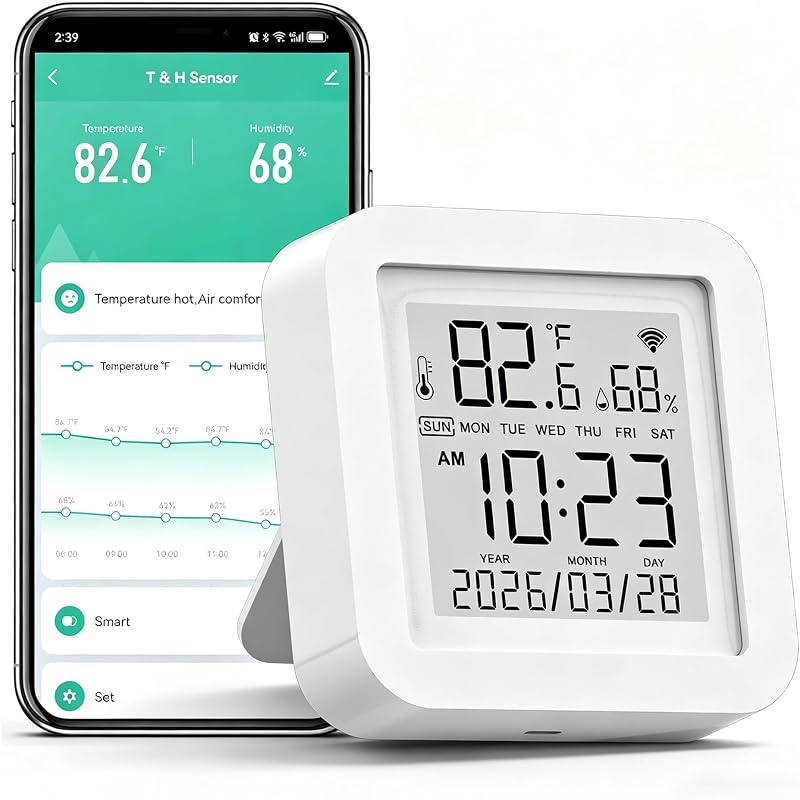 Smart WiFi Temperature Humidity Monitor: TUYA Wireless Temperature Humidity Sensor with APP Notification Alerts, WiFi Thermometer Hygrometer for Home Pet Garage,Compatible with Alexa