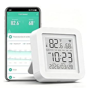 Smart WiFi Temperature Humidity Monitor TUYA Wireless Temperature Humidity Sensor with APP Notification Alerts, WiFi Thermometer Hygrometer for Home Pet Garage,Compatible with Alexa