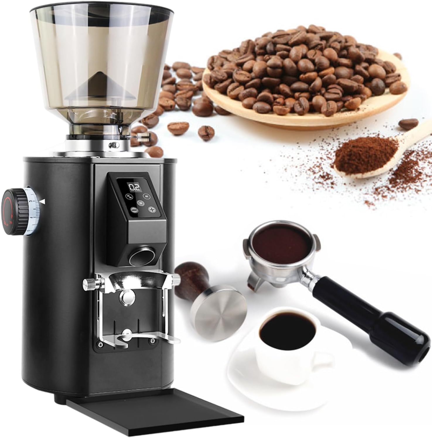 Commercial Coffee Grinder with 64mm Flat Burr | Anti-Flying Grounds Outlet | 1Lb/453g Lotus Hopper | 9 Stepless Settings | Smart Touchscreen, Electric Coffee Grinders Beige