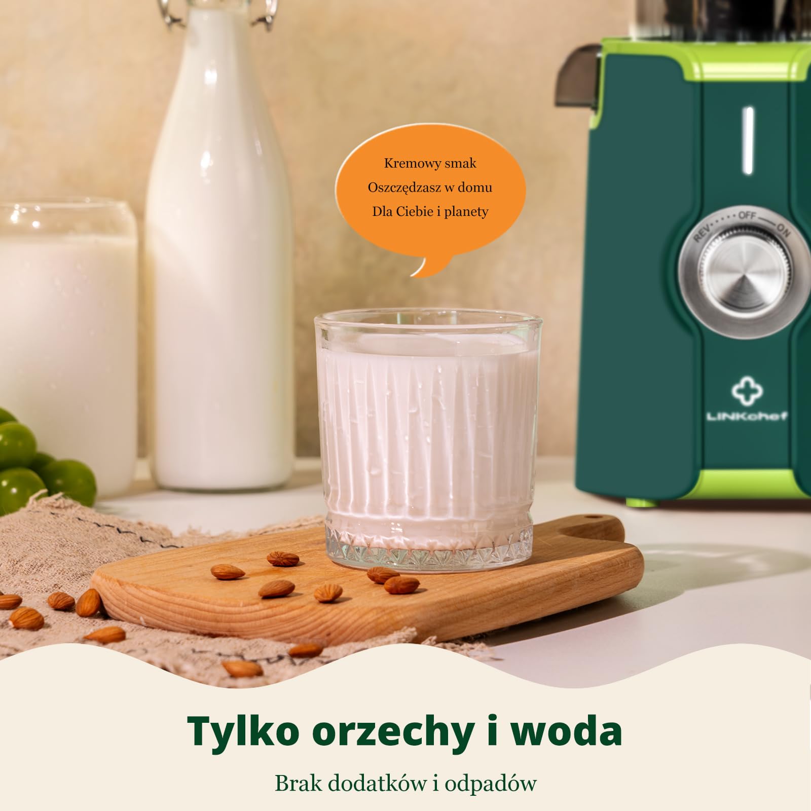 LINKChef Sokowirówka wolnoobrotowa, elektryczna wyciskarka do całych warzyw i owoców, łatwa instalacja, nie zawiera BPA, 115 mm, 200W, Zielony