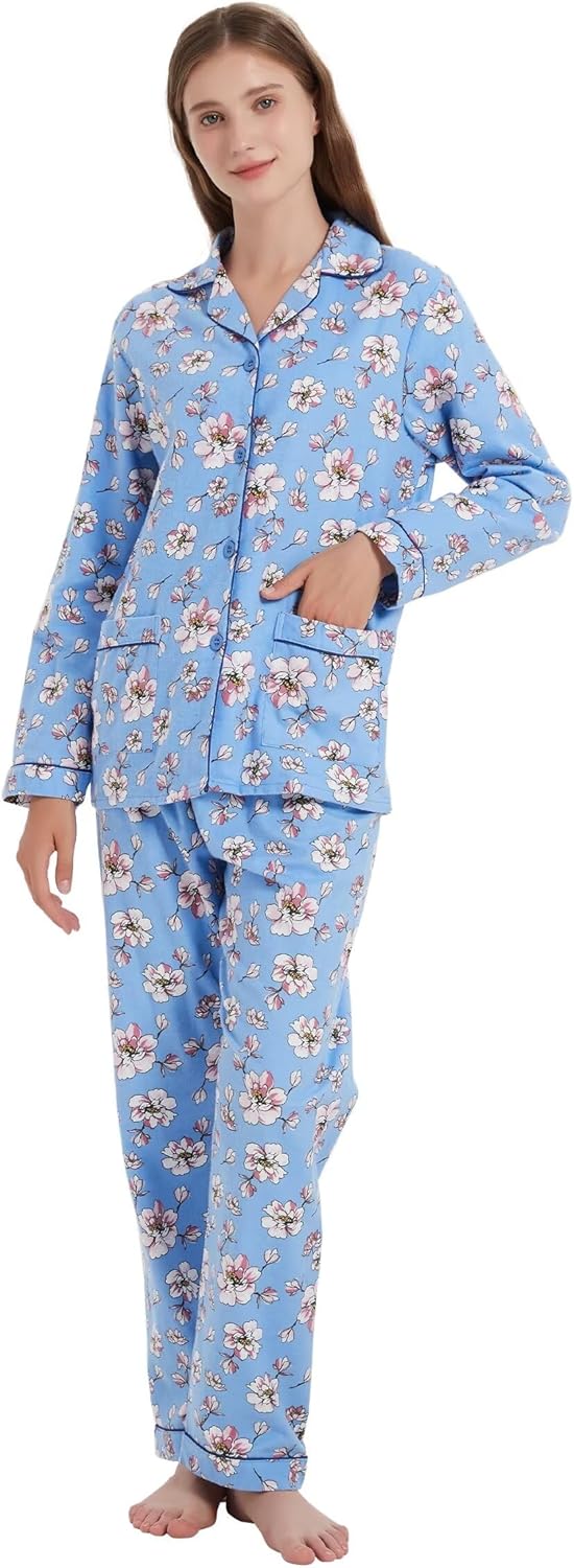 amaxer Women's Flannel Pajama Set 100% Cotton Pajamas For Women Long Sleeve Elastic Drawstring Pjs Button Warm Sleepwear - Image 2