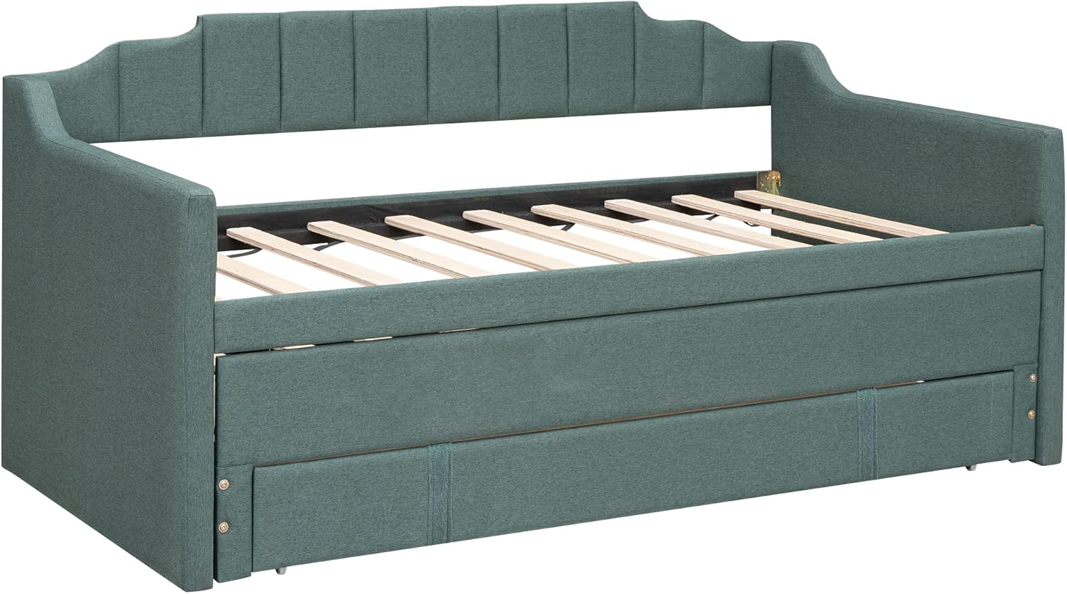 MERITLINE Twin Daybed with Trundle and Storage Drawers, Upholstered Twin Size Sofa Bed Frame with Pull Out Bed, Daybed with Storage, No Spring Box Required (Green)