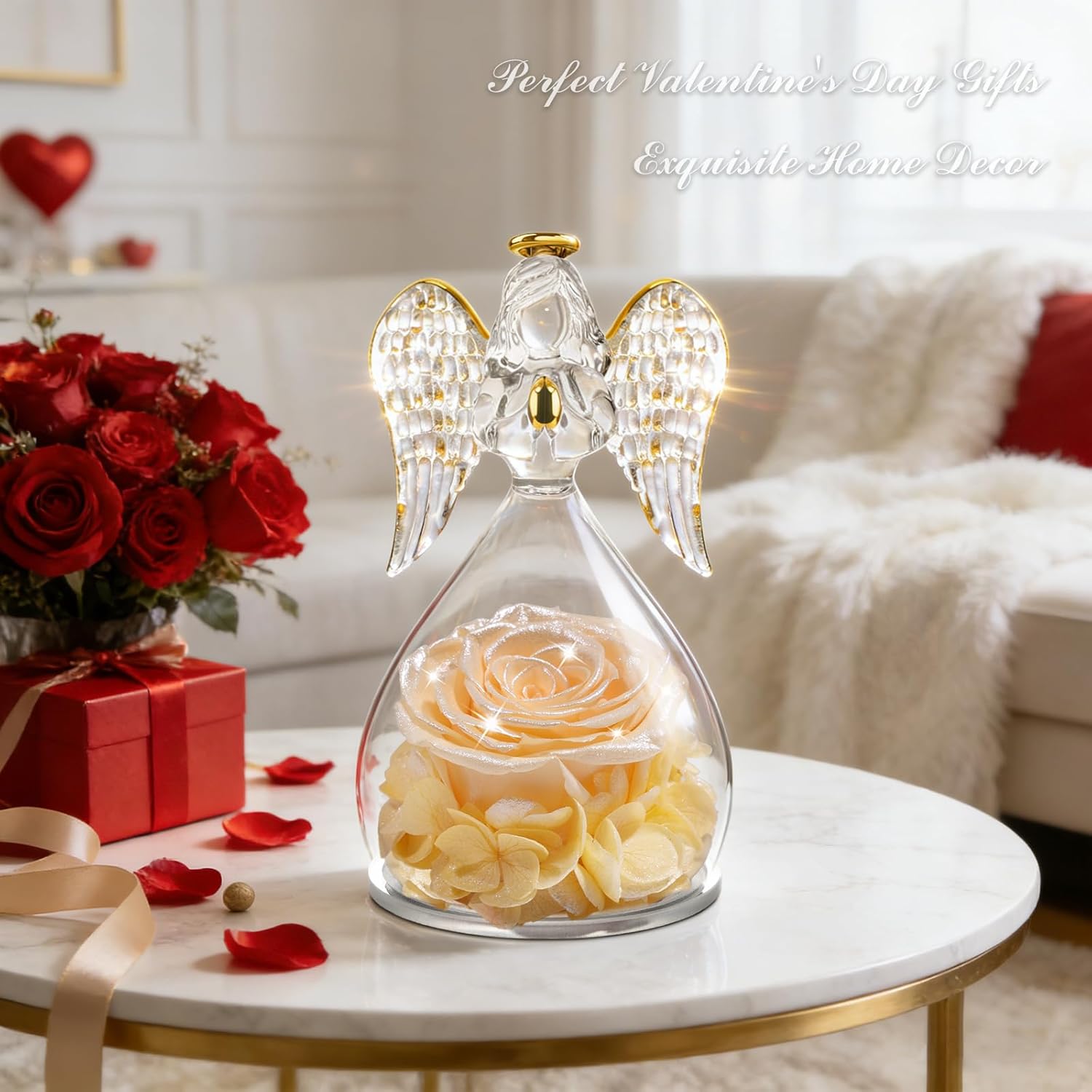 Sunia Valentines Day Rose Gifts for Women, Birthday Gifts for Mom Grandma, Forever Preserved Flower in Glass Angel Figurines Flowers for Delivery Prime, Mothers Day Real Roses for Her Wife - Image 2
