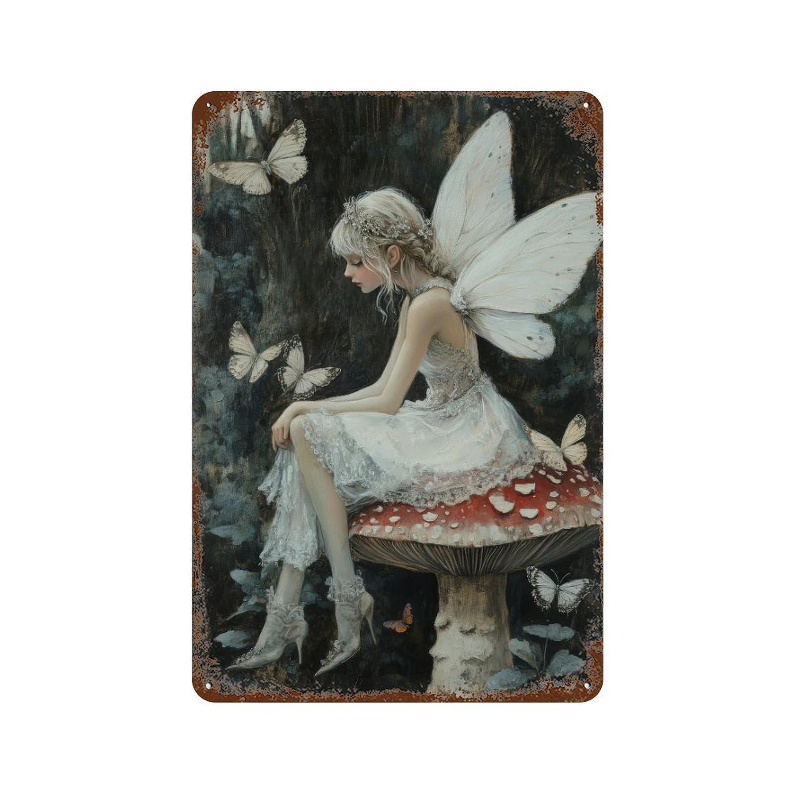 Mushroom Fairy Dark Academia Cottagecore Decor Antique Illustration Enchanted Nature Rustic Vintage Wall Decor Art Metal Tin Poster Modern Home Decor Art Home Bar Shop Decorations Vintage Sign 30x20c