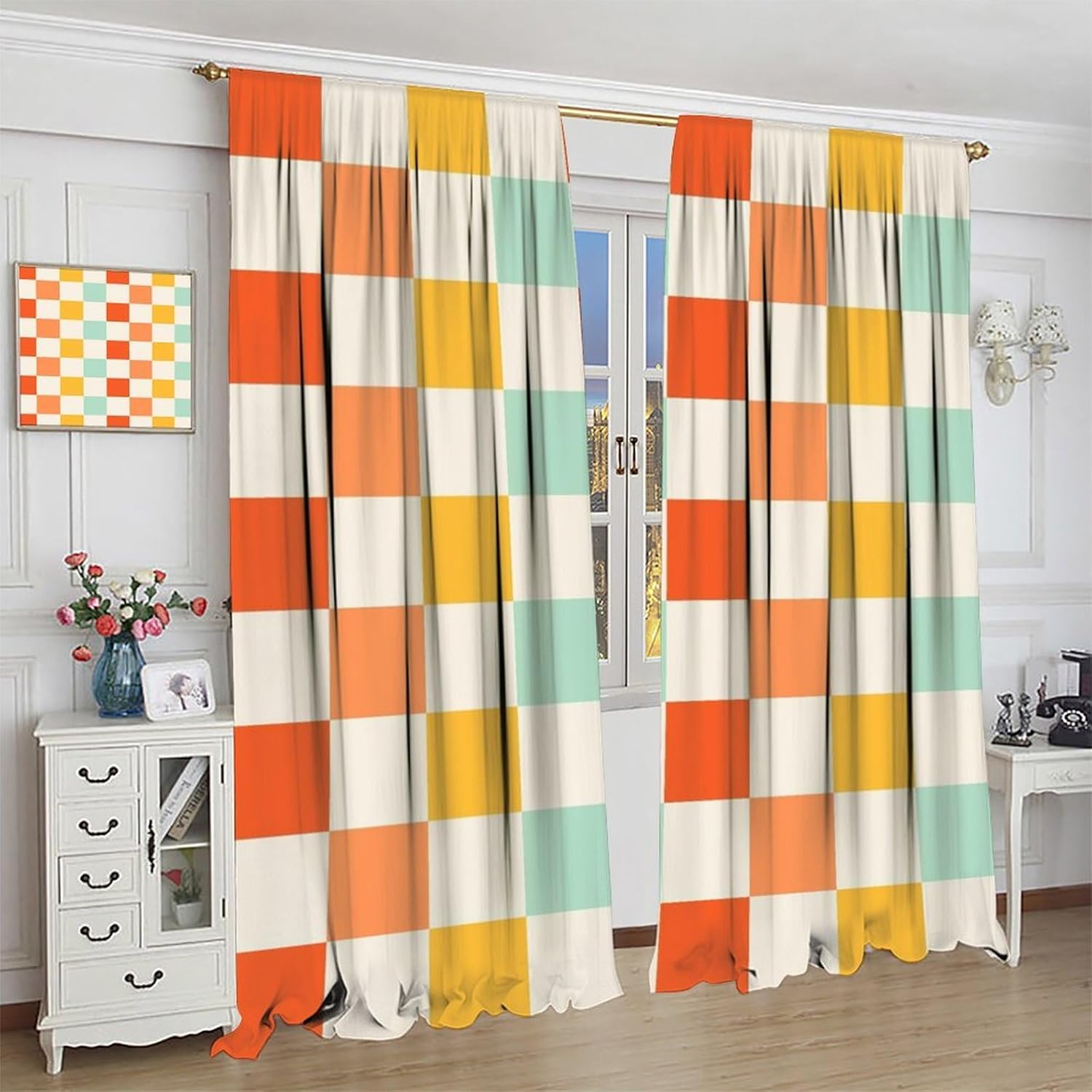 70s Retro Curtains,Cute Green Pink Yellow Checkered Hippie Window Treatments for Kids Girl Bedroom Window 52"" W X 84"" L, Style-7