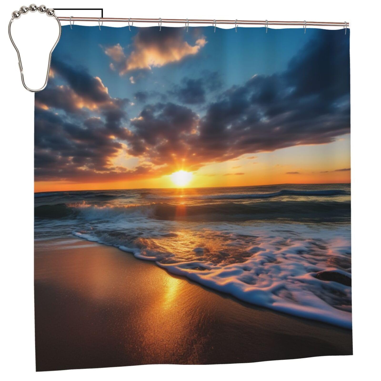 BWWHCCTI Beautiful Sunrise on Sea Printed Shower Curtain With 12 Iron Hooks Opaque Quick Drying Waterproof Shower Curtains Sets For Bathroom 183x183 CM