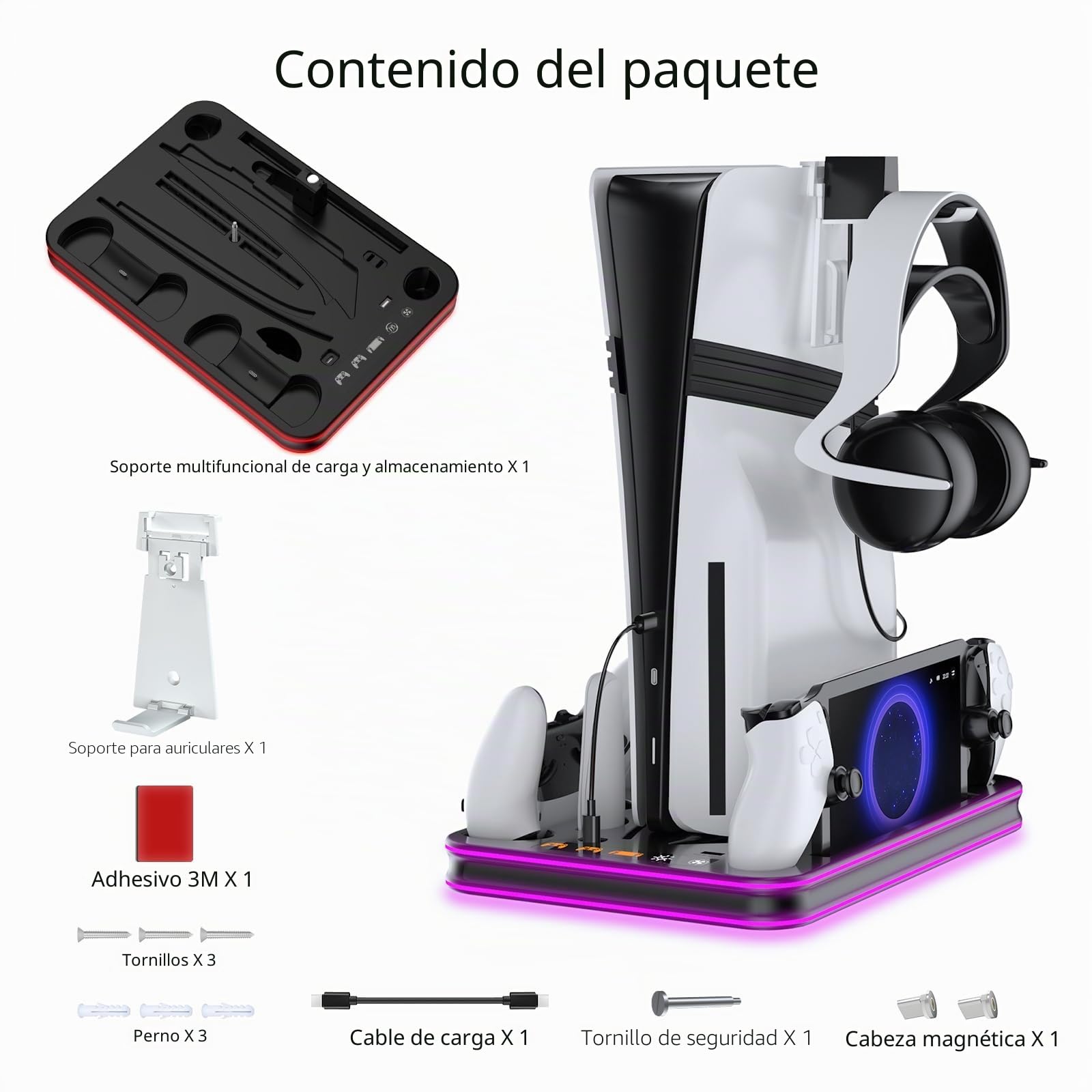 Soporte PS5 Pro/Slim/PS5 y estación de refrigeración con controlador de iluminación RGB, estación de carga para consola PlayStation 5, base de carga PS Portal, accesorios P5 Pro con ventilador