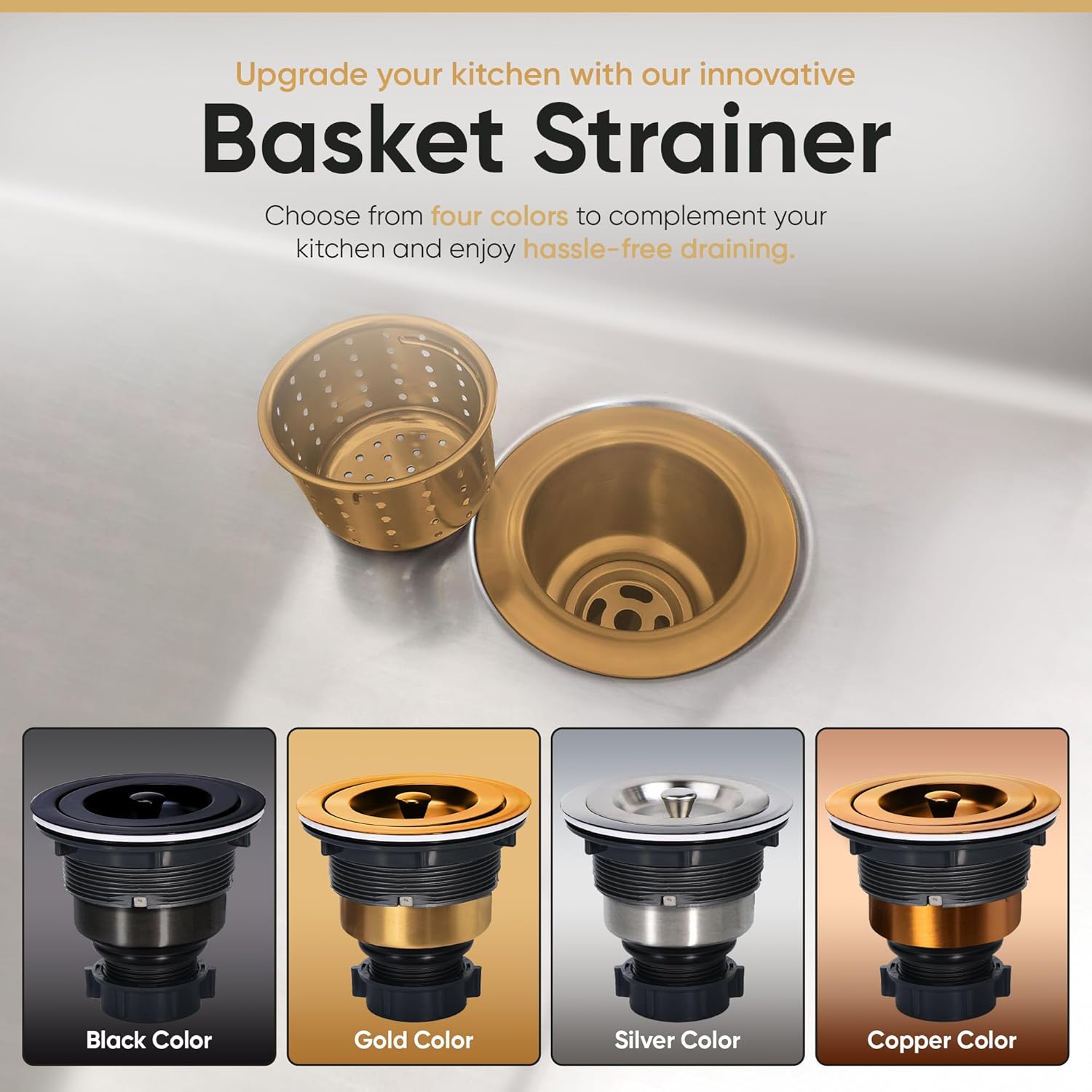 Strictly Sinks Sink Drain Strainer with Removable Basket - 3-1/2 Inch Stainless Steel Round Kitchen Sink Drain Assembly Kit with Deep Strainer Basket & Stopper (Gold)