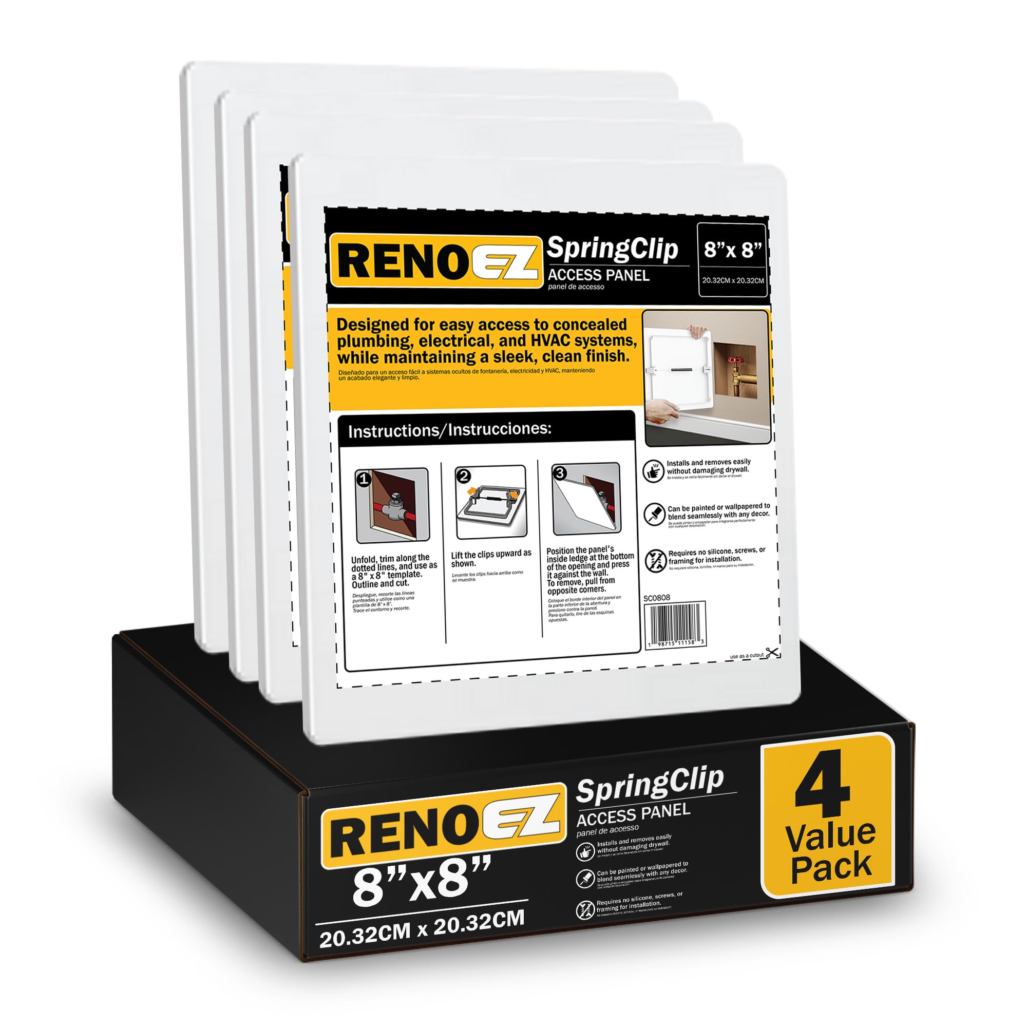 RenoEZ Plastic Access Panel 8x8 inches with Spring Click Technology - No Tools Required - For Drywall, Ceiling and Wall - Access Door for Plumbing,