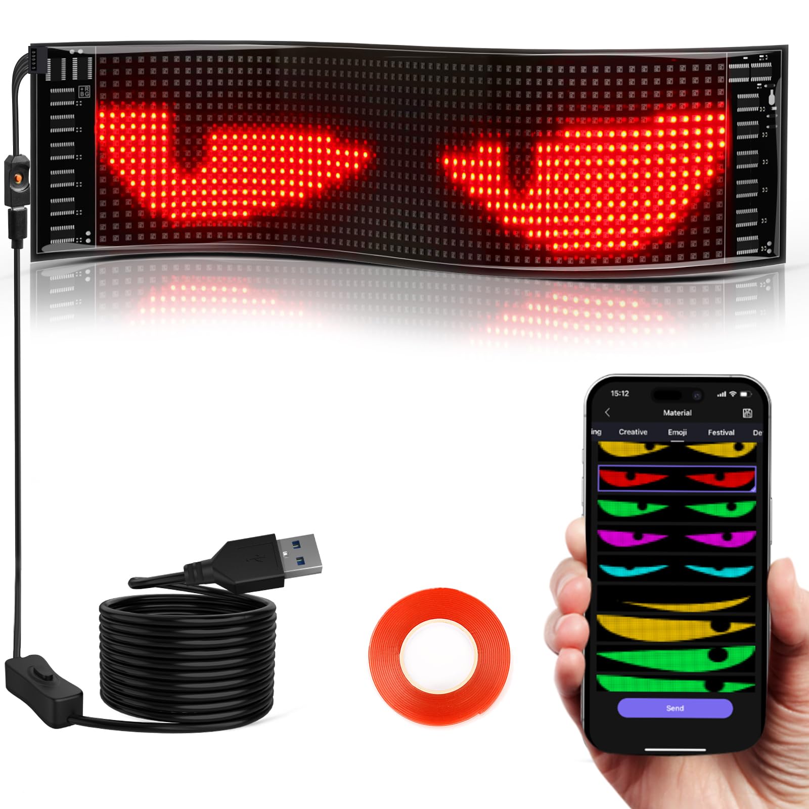 Qnoavve Scroll LED Scoreboard, 37 x 9 cm, Flexible LED Scroll, Programmable with Bluetooth App Control, USB 5 V LED Display, Devil Eyes, Light Sign