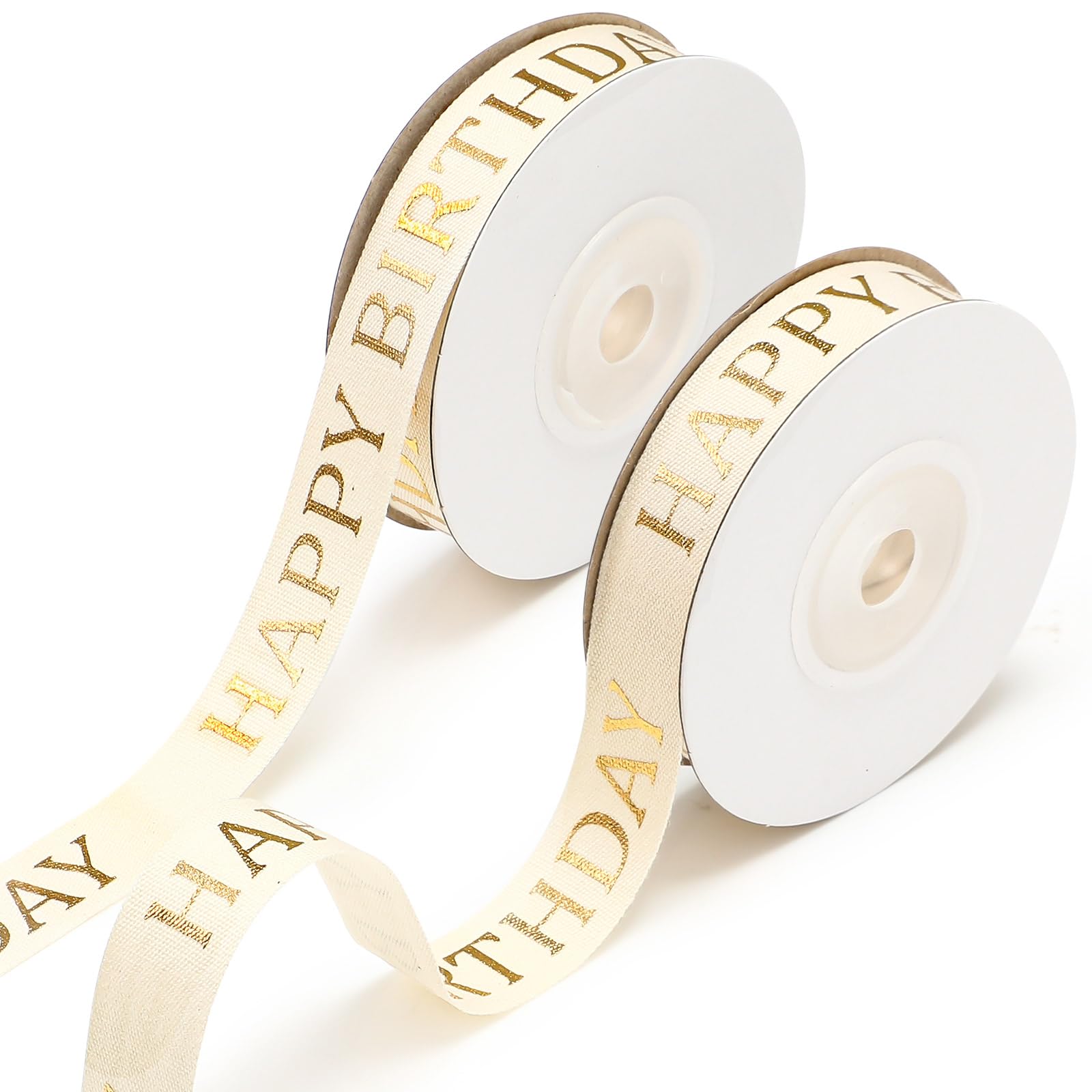 Daifunli 20 Yards Happy Birthday Ribbon Gold Cotton 5/8" Glitter Custom Ribbon Bows for Gift Wrapping Crafts Supplies DIY Anniversary Wedding Birthday