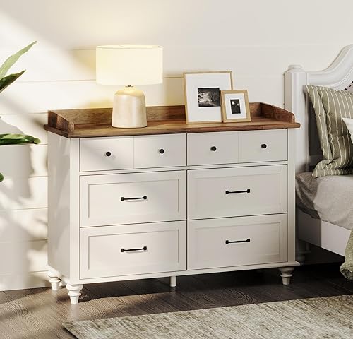 Miniatura 12 de WAMPAT Cómoda de roble para dormitorio con 6 cajones, cómoda para bebé con patas de madera maciza, organizador de almacenamiento de armario de