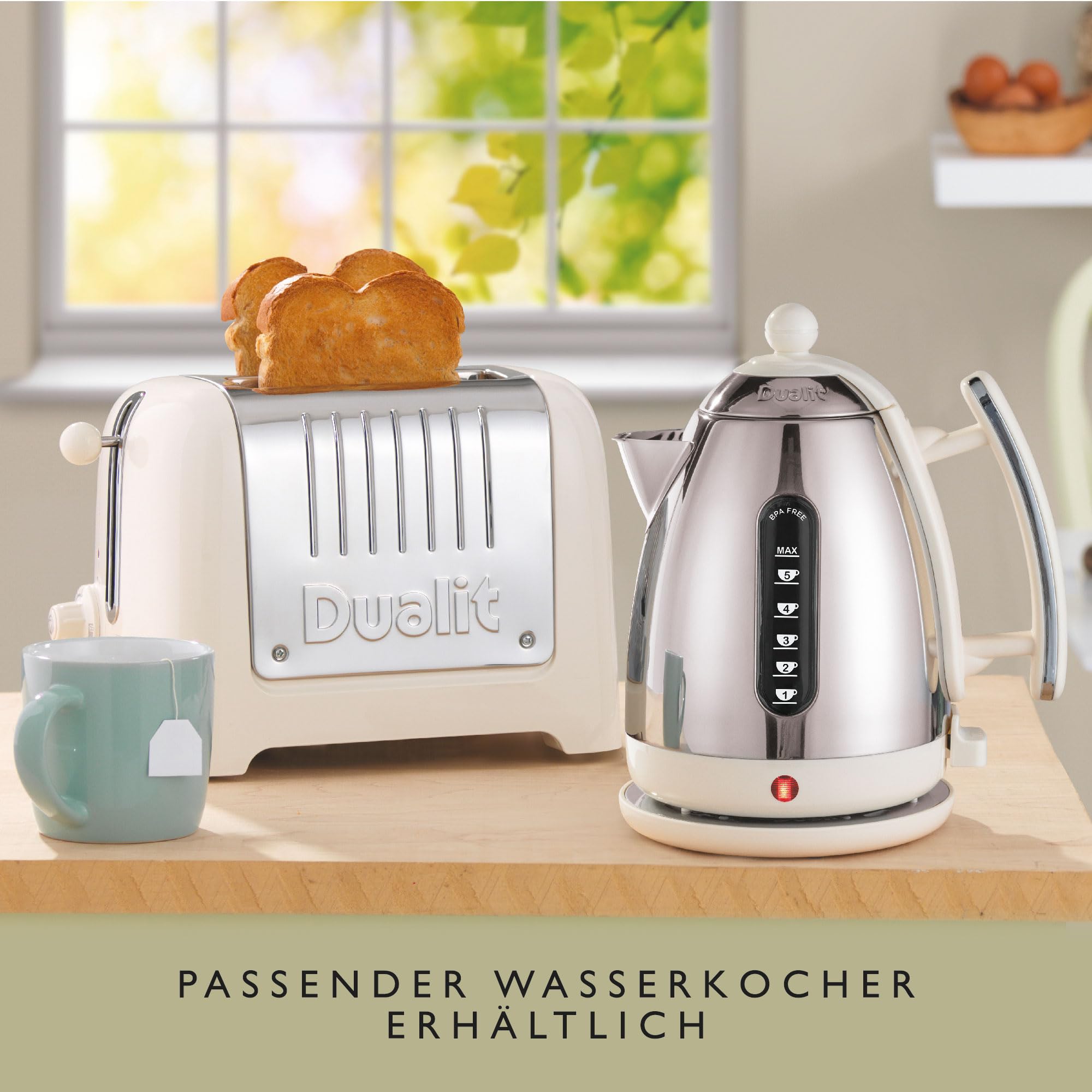 Dualit Lite Tostadora de Pan 2 Rebanadas - 1,1kW / Tuesta 60 Rebanadas en Una Hora – Pulido con Borde Blanco Lienzo Gran Brillo – Ajuste Bagel y Descongelar – Tostadora Ranura Ancha 36mm