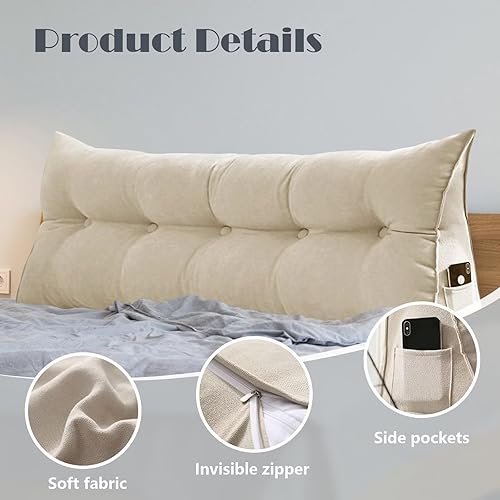 Miniatura 7 de Almohada triangular de cuña para cabecero tamaño matrimonial con bolsillo lateral, cojín grande para reposo en cama, almohada de lectura, soporte de