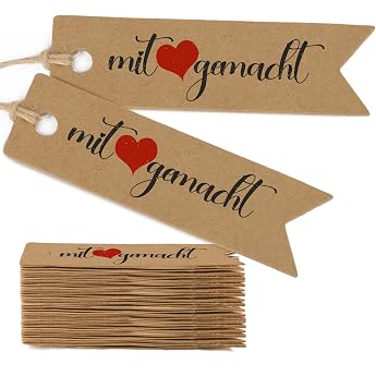 50 Gift Tags Kraft Paper Tags - Made with Love Handmade with Love Pendant Labels Tags for Wedding Christmas Gift Packaging Hanging Tags