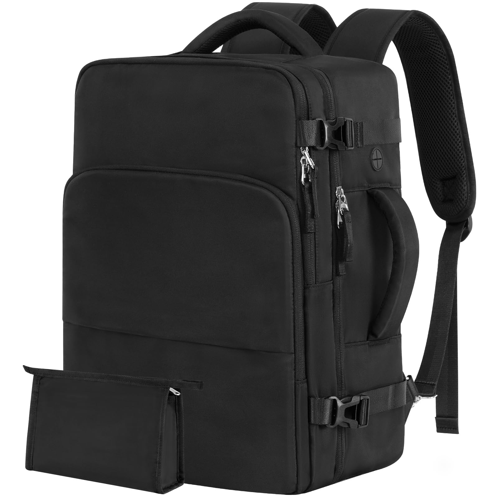 Men Women Unisex Black Rectangular Modern Sports Travel Backpack Daypack 15.6 Inch Laptop Backpack Carry On Airplane Weekender Bag 35L 5 Compartments Water Resistant Polyester Solid Black