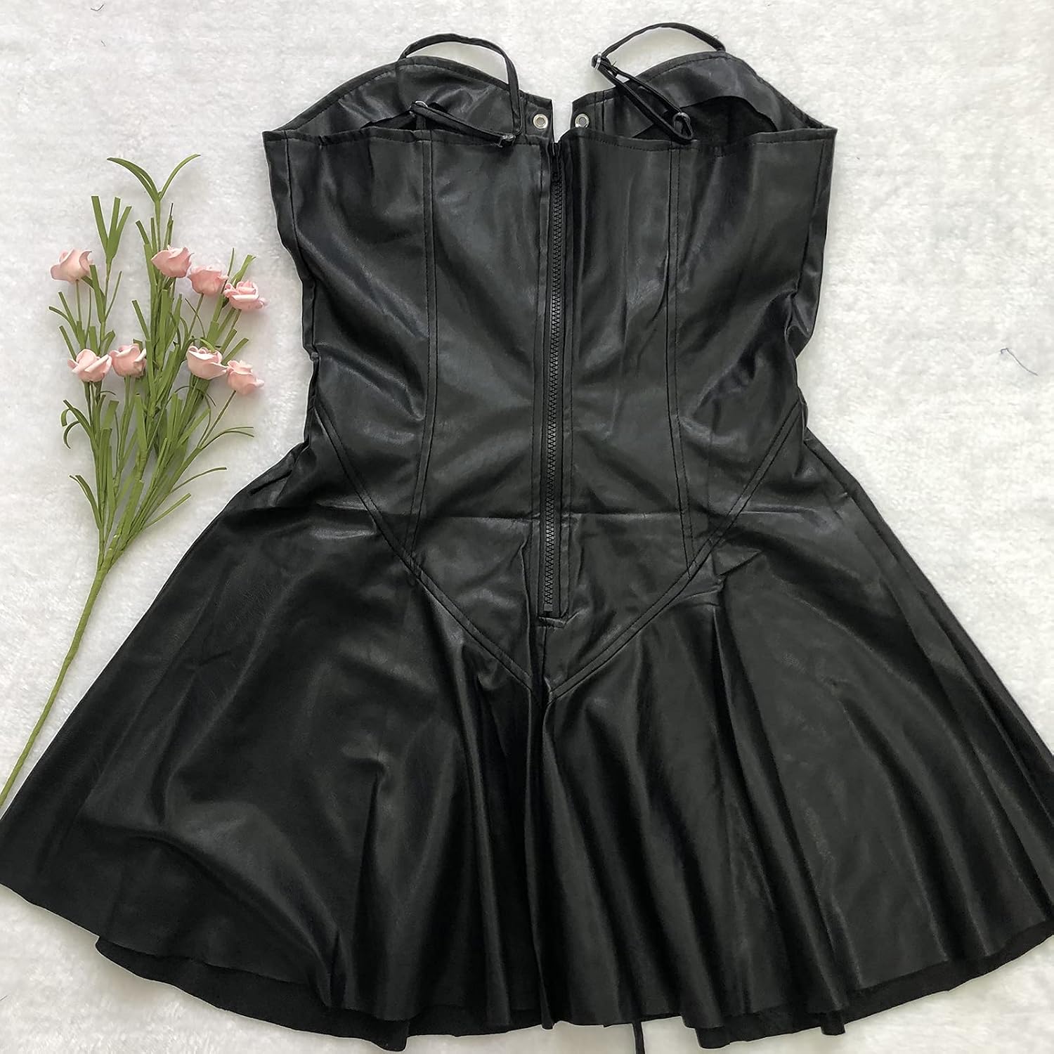 MESLIMA Women's Sexy Hollow Out Tube Deep V Ruffled Long Sleeve Zipper Mini PU Leather Skirt Dress with Belt