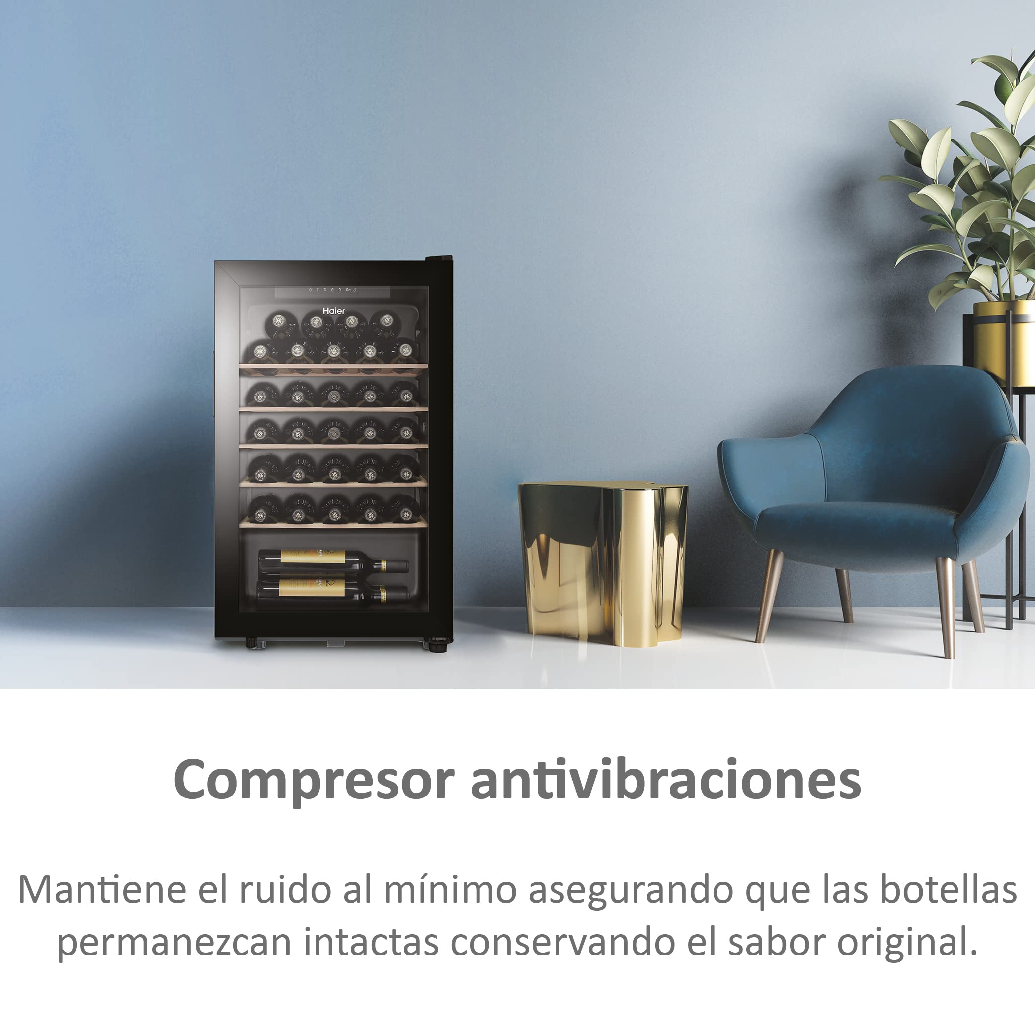 Haier Wine Bank 50 Series 3 HWS33GG- Vinoteca de 33 Botellas,Estantes de Madera,Filtro Anti-UV, Refrigeración por Compresor,Display Digital,Iluminación LED,Silenciosa 37 dbA, Antivibraciones