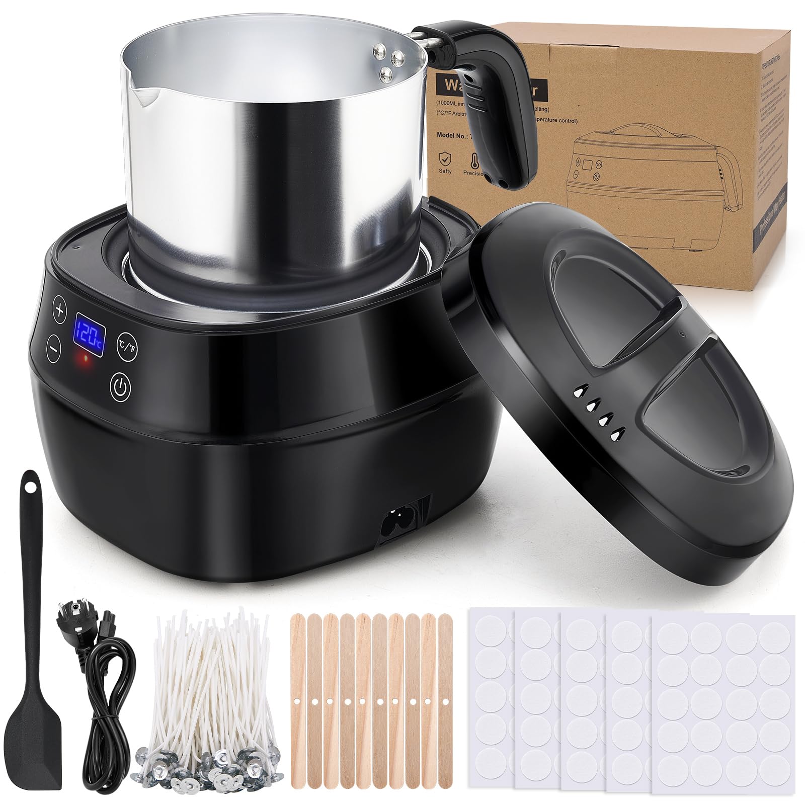 Fondeur De Cire électrique 1L Pour Fabrication De Bougies, Fondoir à Cire Avec Affichage LED Et Température Réglable, Kit Complet Avec Bec Verseur, Mèches, Autocollants Et Cuillère à Mélanger